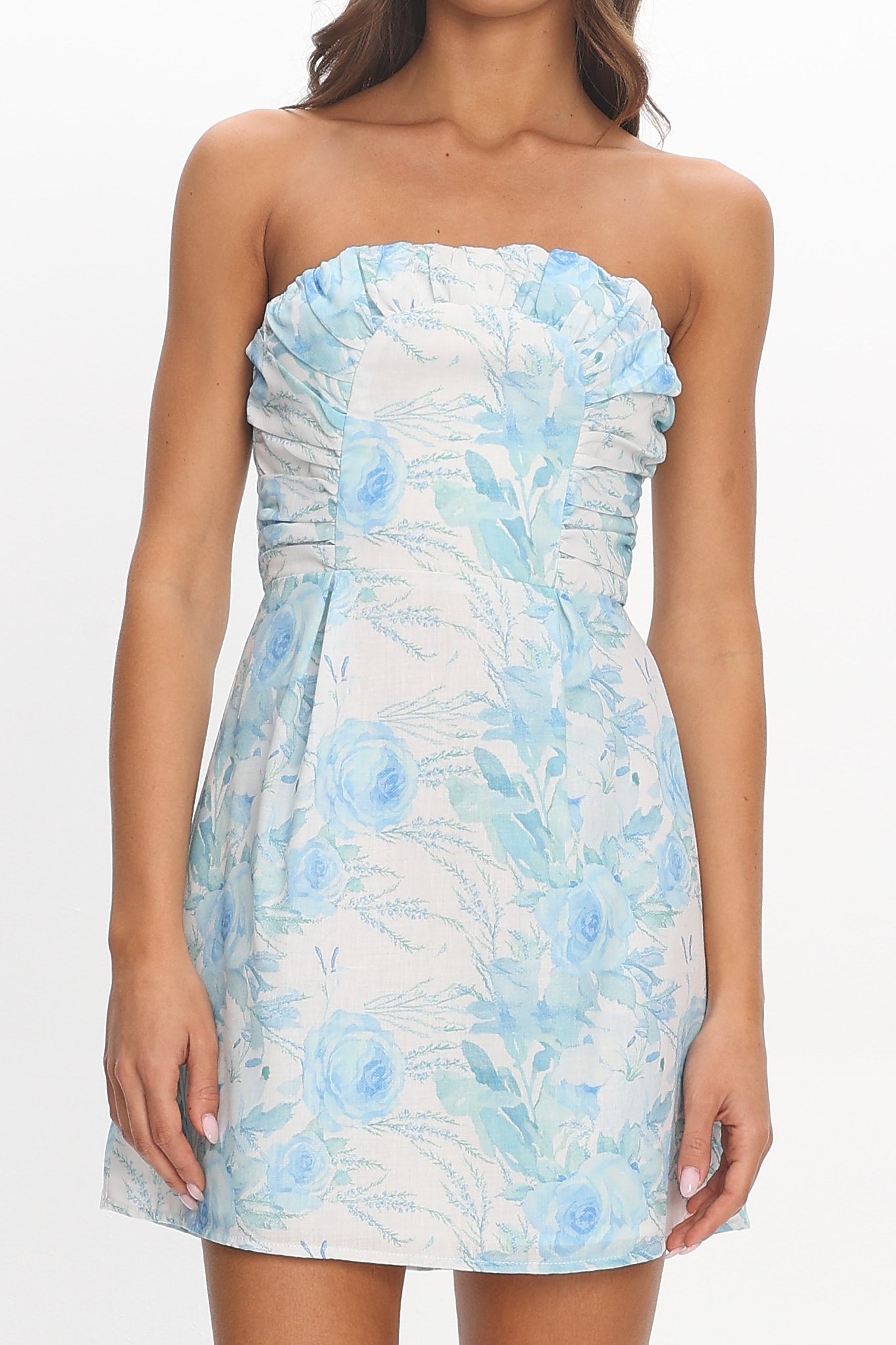 Metilda Curved Neckline Mini Dress Floral Blue
