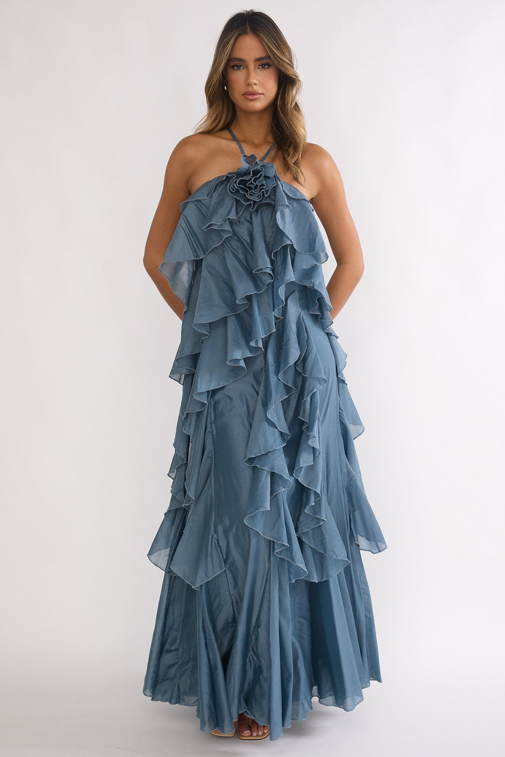 Oceara Ruffle Trim Spaghetti Strap Maxi Dress Slate Blue