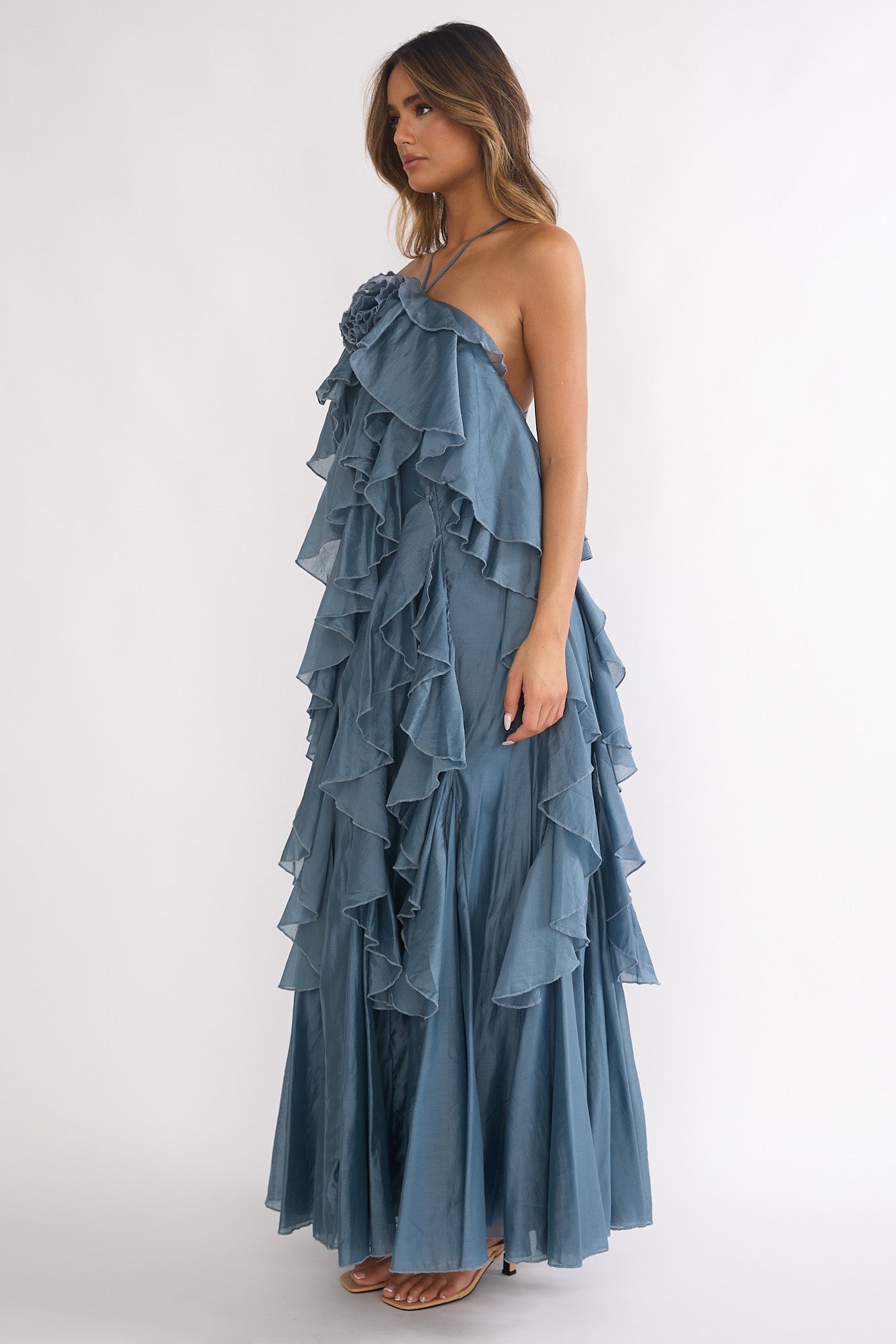 Oceara Ruffle Trim Spaghetti Strap Maxi Dress Slate Blue