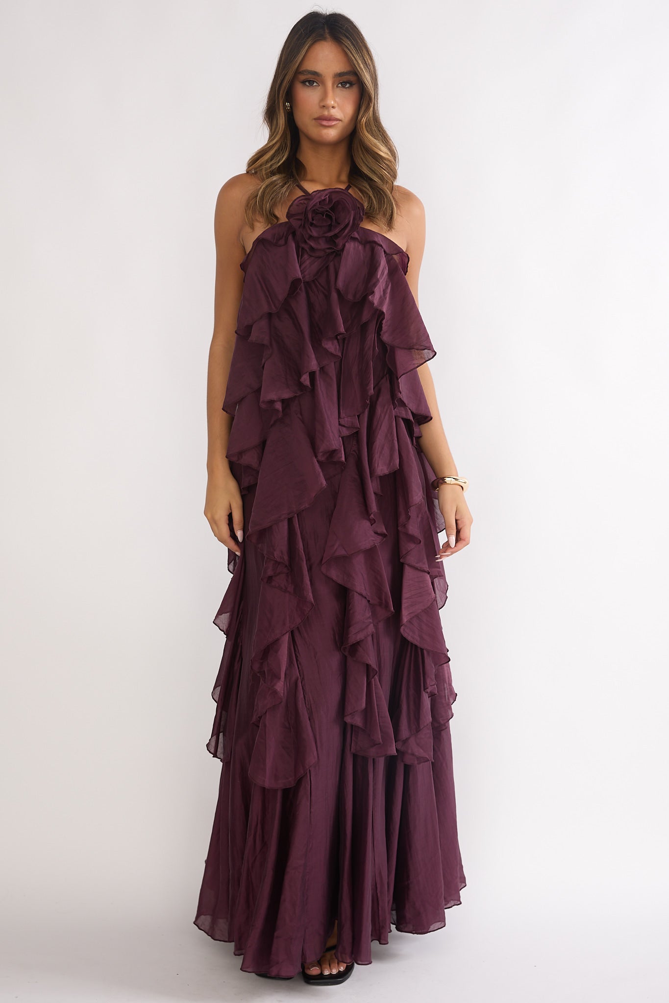 Secret Rendezvous Layered Ruffle Maxi Dress Maroon