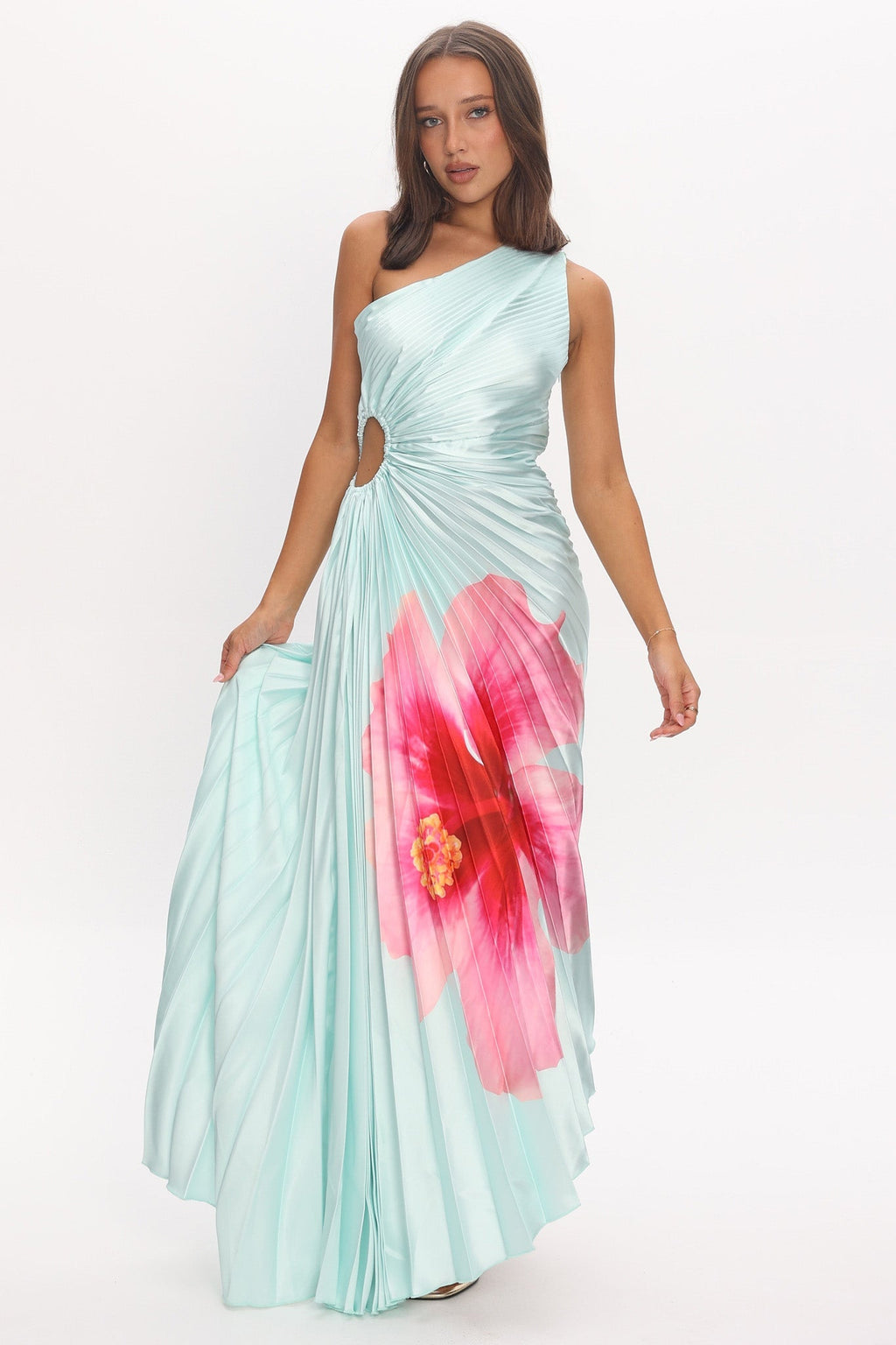 Amelie One-Shoulder Accordion Pleat Maxi Dress Hibiscus Mint