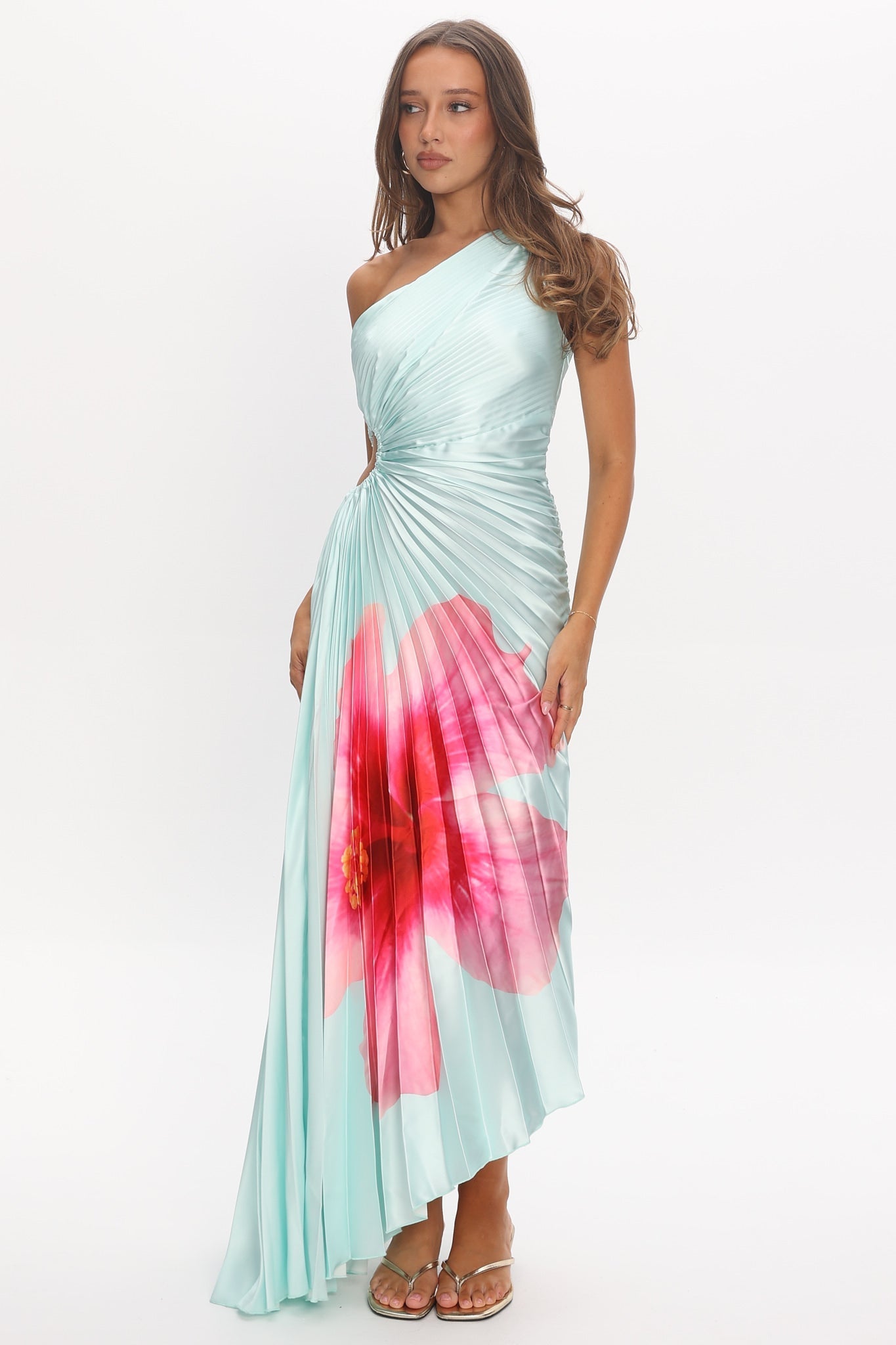 Amelie One-Shoulder Accordion Pleat Maxi Dress Hibiscus Mint