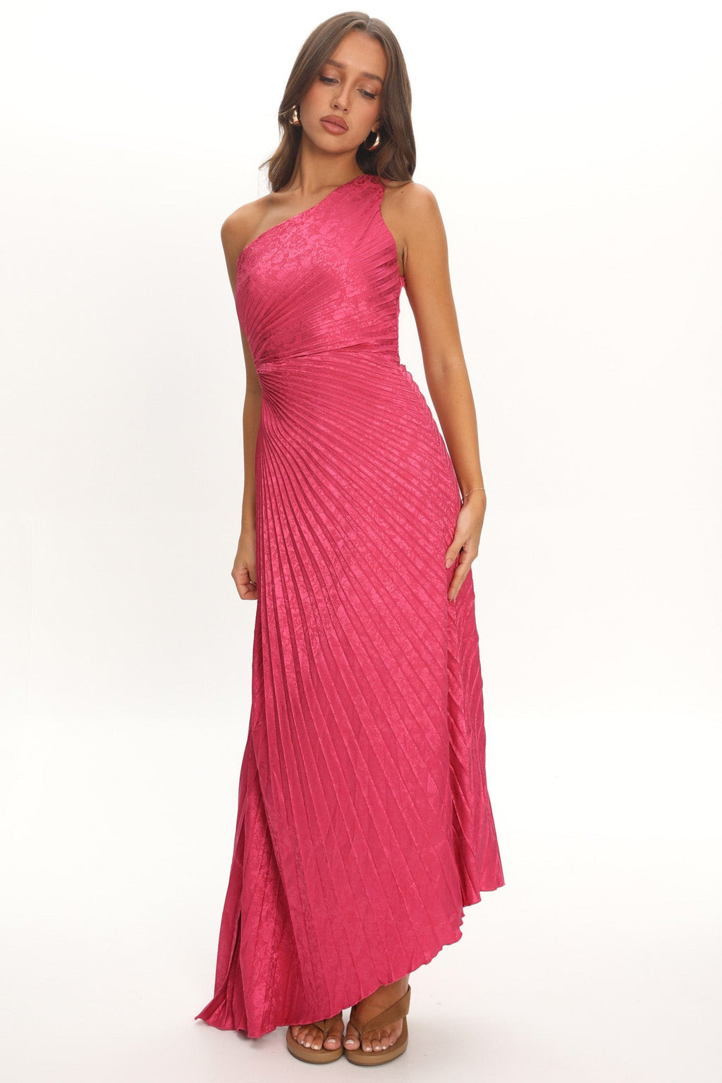 Amelie One-Shoulder Accordion Pleat Maxi Dress Floral Fuchsia