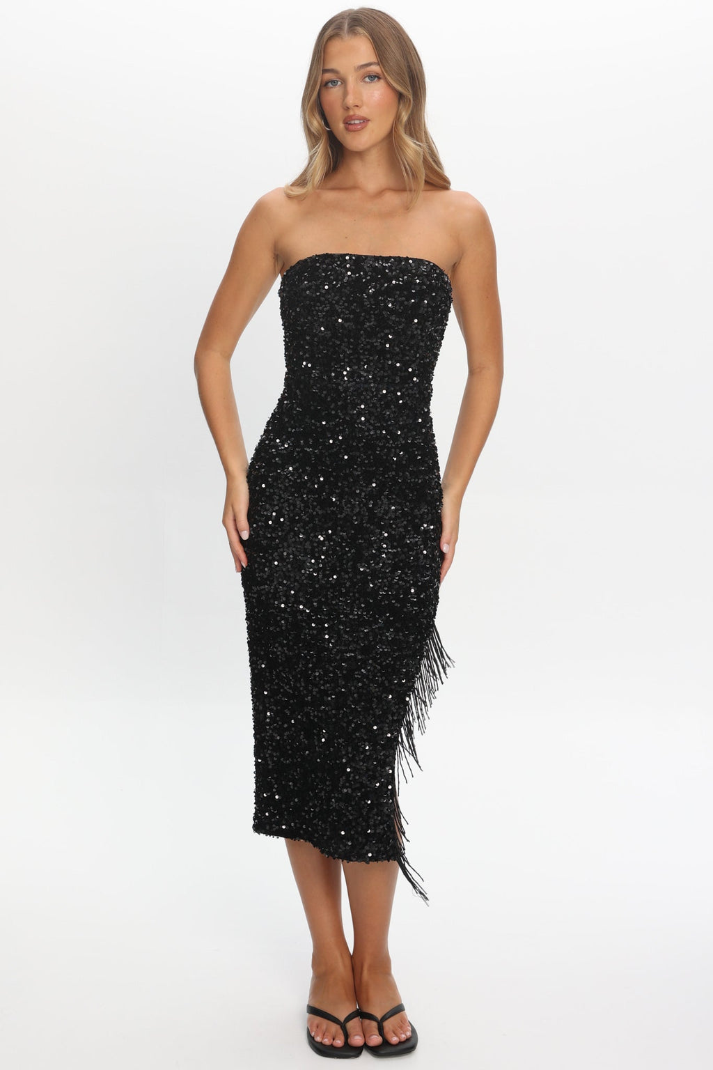 Events Tassel Trim Midi Dress Sequin Black