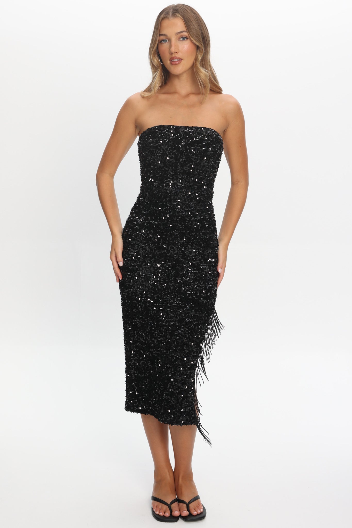 Events Tassel Trim Midi Dress Sequin Black
