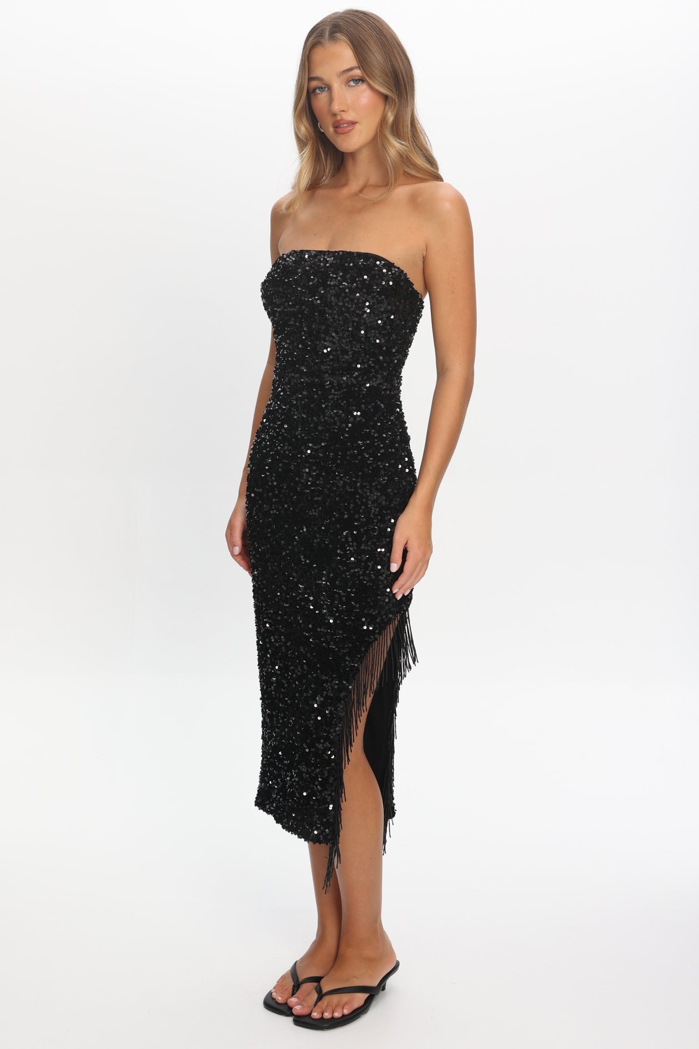 Events Tassel Trim Midi Dress Sequin Black