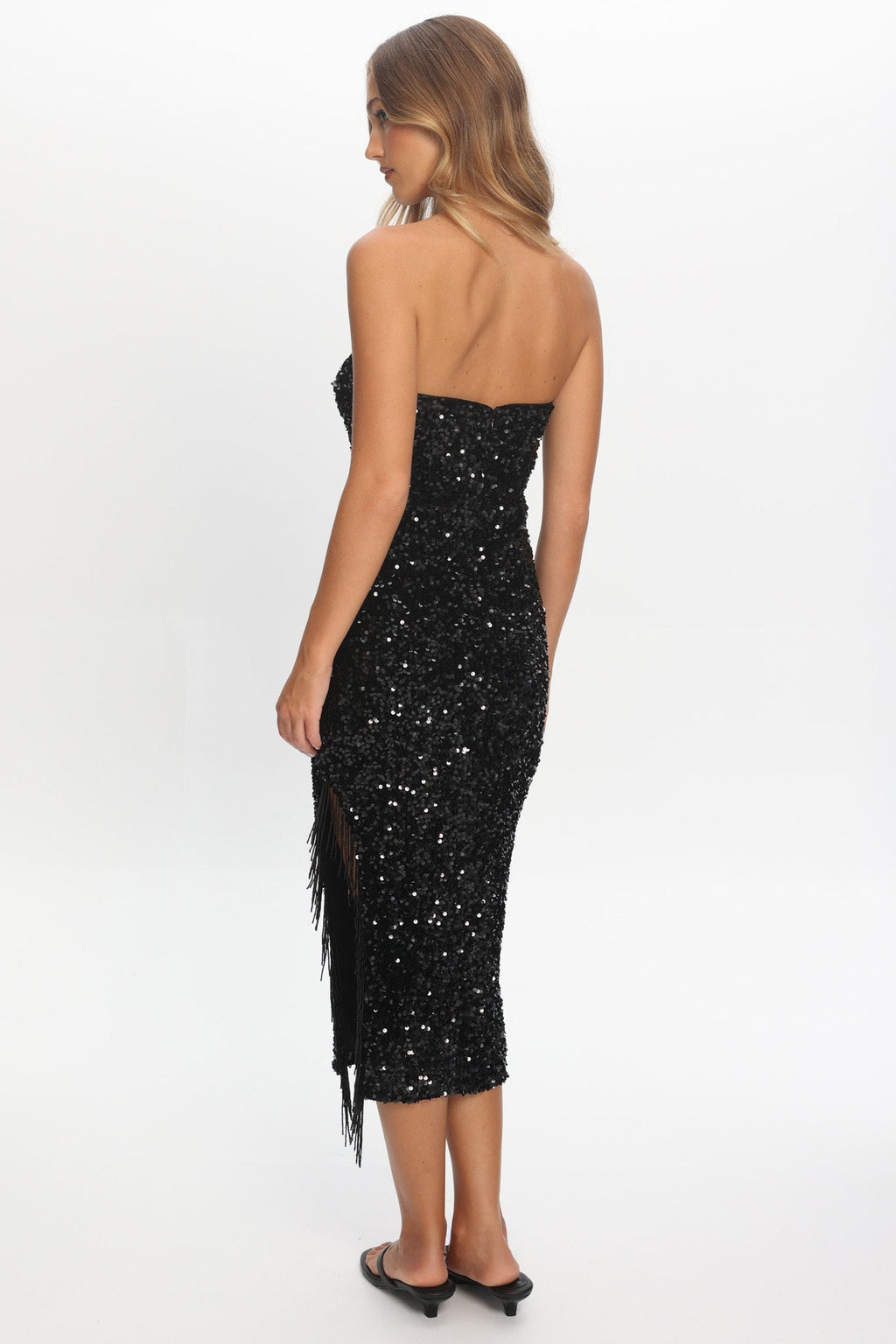 Events Tassel Trim Midi Dress Sequin Black