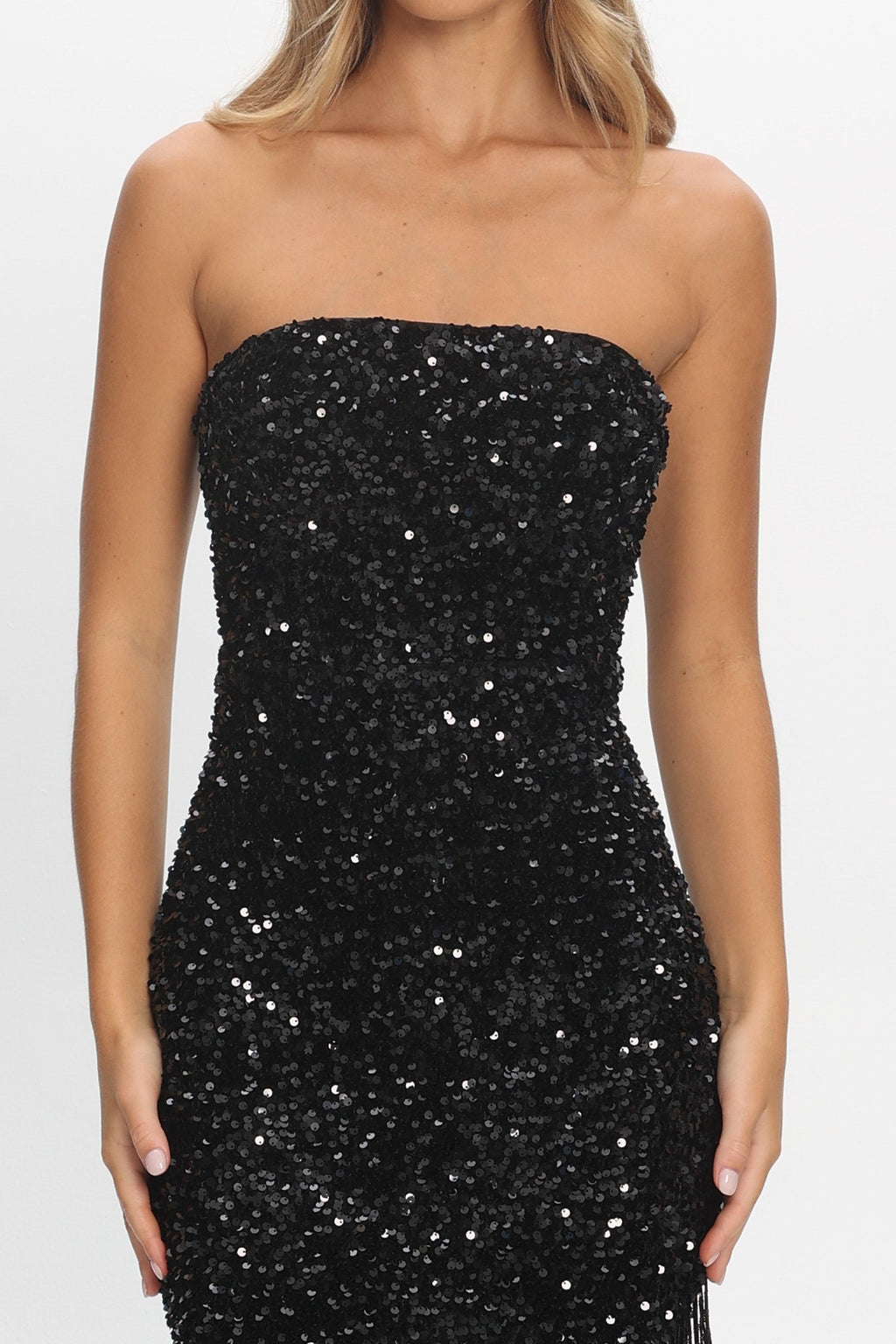 Events Tassel Trim Midi Dress Sequin Black