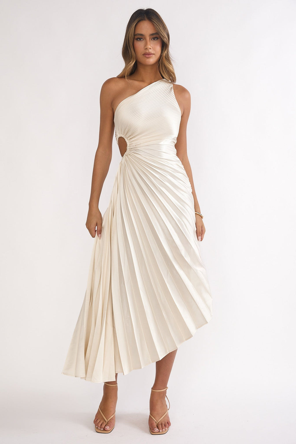 Brooklynn One-Shoulder Accordion Pleat Dress Champagne