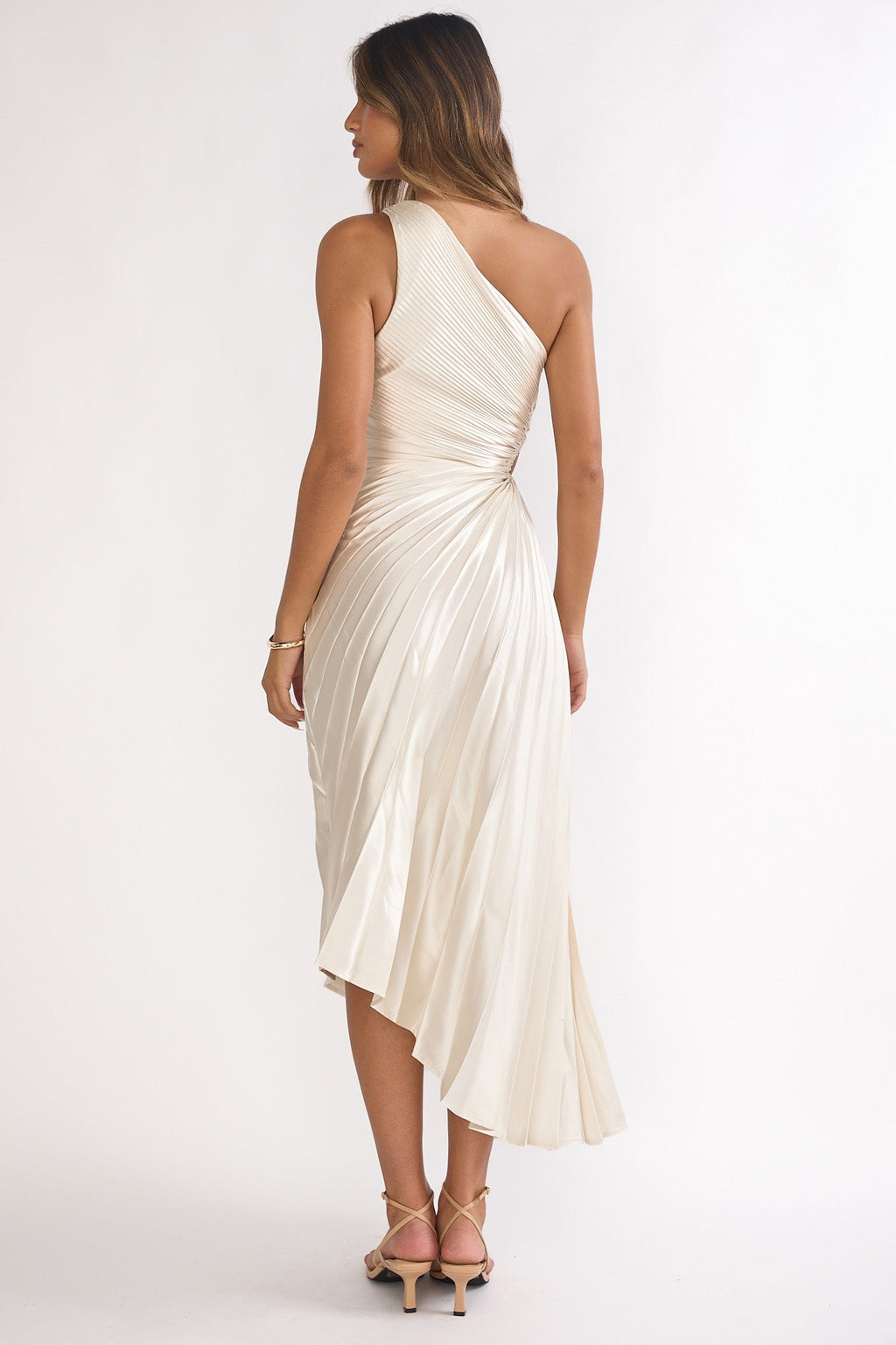 Brooklynn One-Shoulder Accordion Pleat Dress Champagne