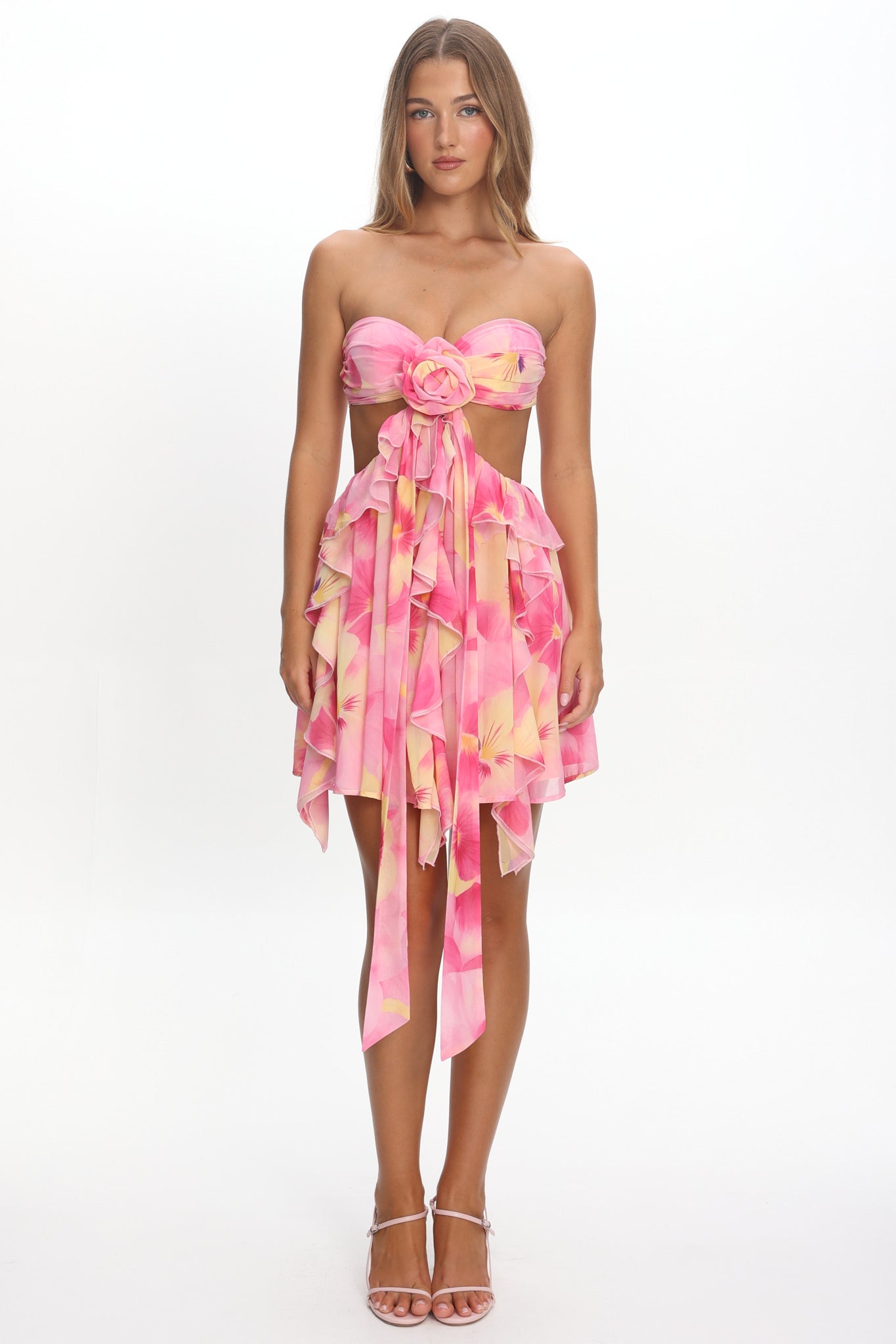 Santiago Cut-Out Ruffle Mini Dress Print Pink