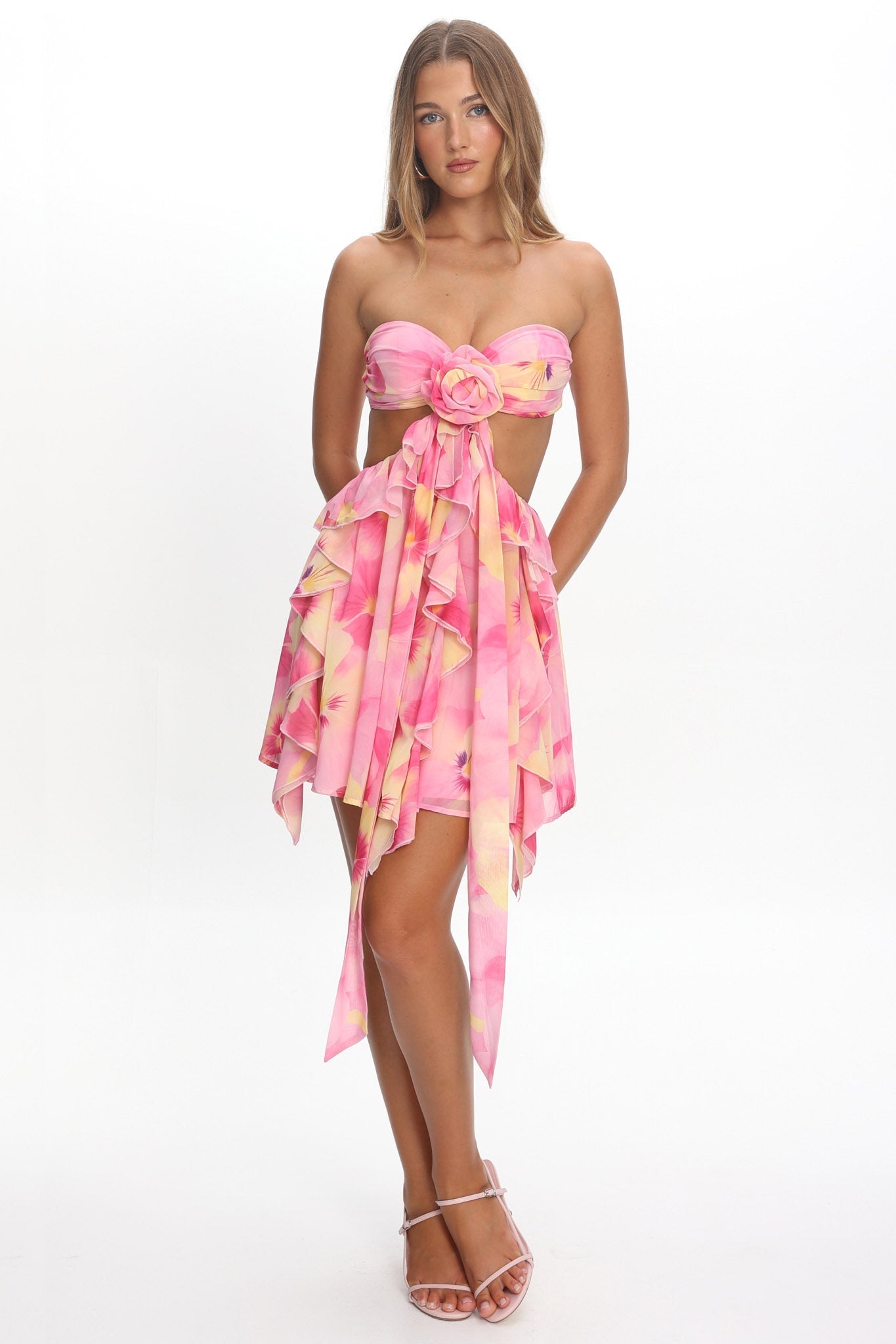 Santiago Cut-Out Ruffle Mini Dress Print Pink