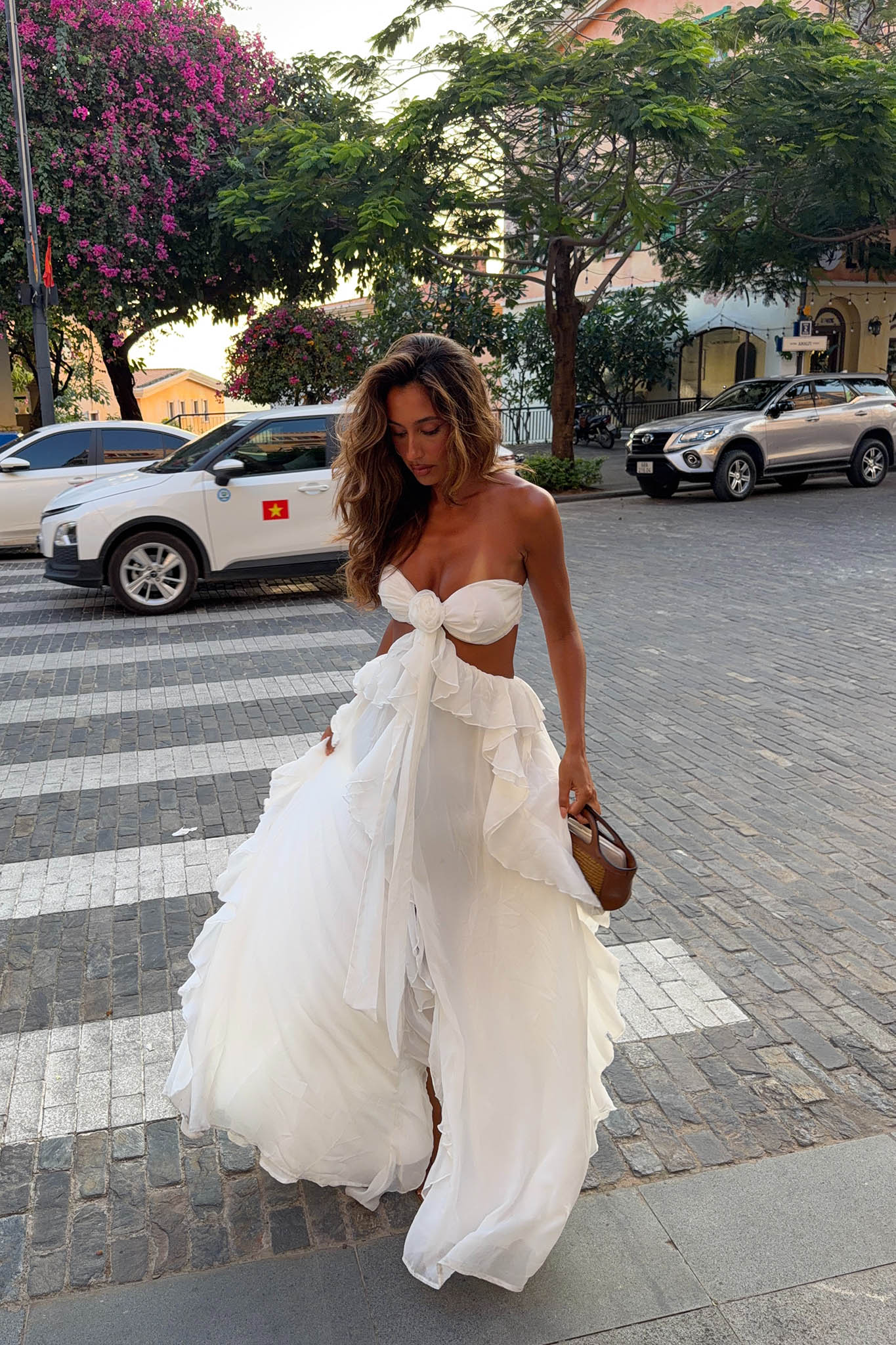 Santiago Cut-Out Ruffle Maxi Dress White