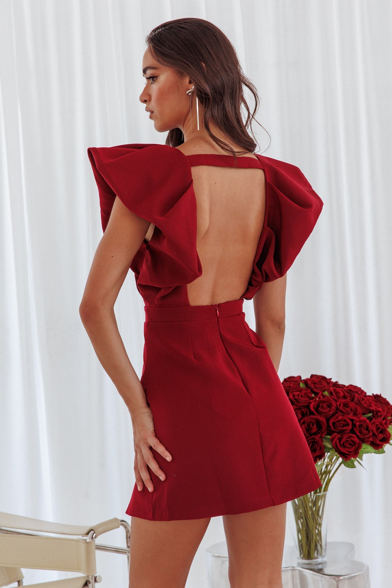 Liardon Bubble Sleeve V-Neckline Mini Dress Wine