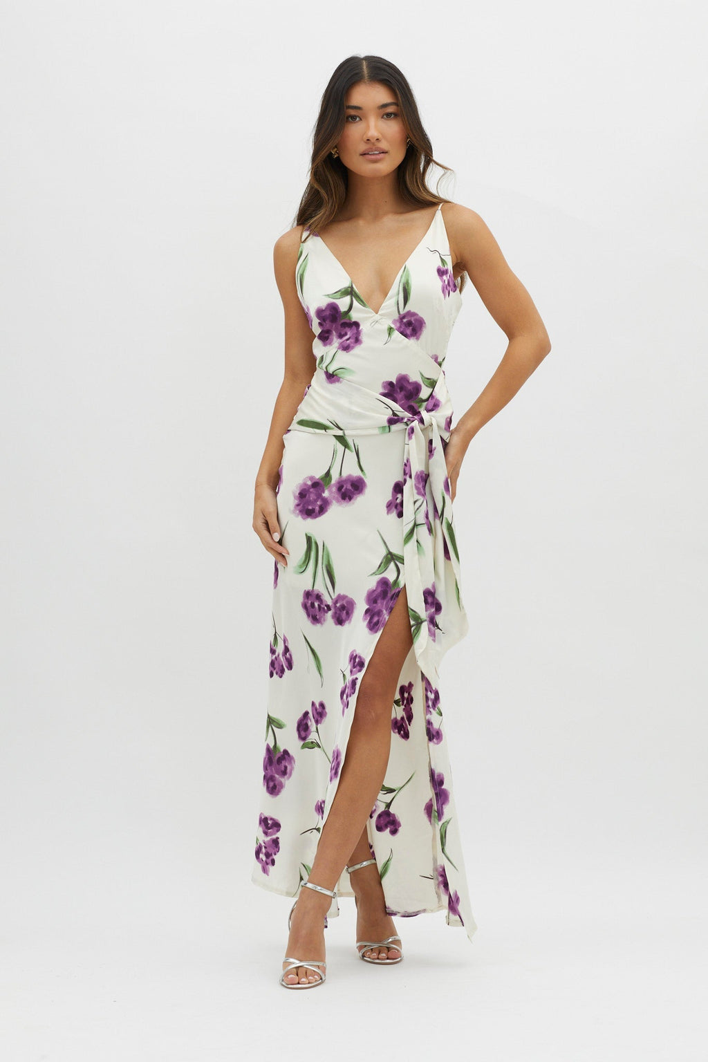 Corinna Tied Waist Split Dress Floral Purple