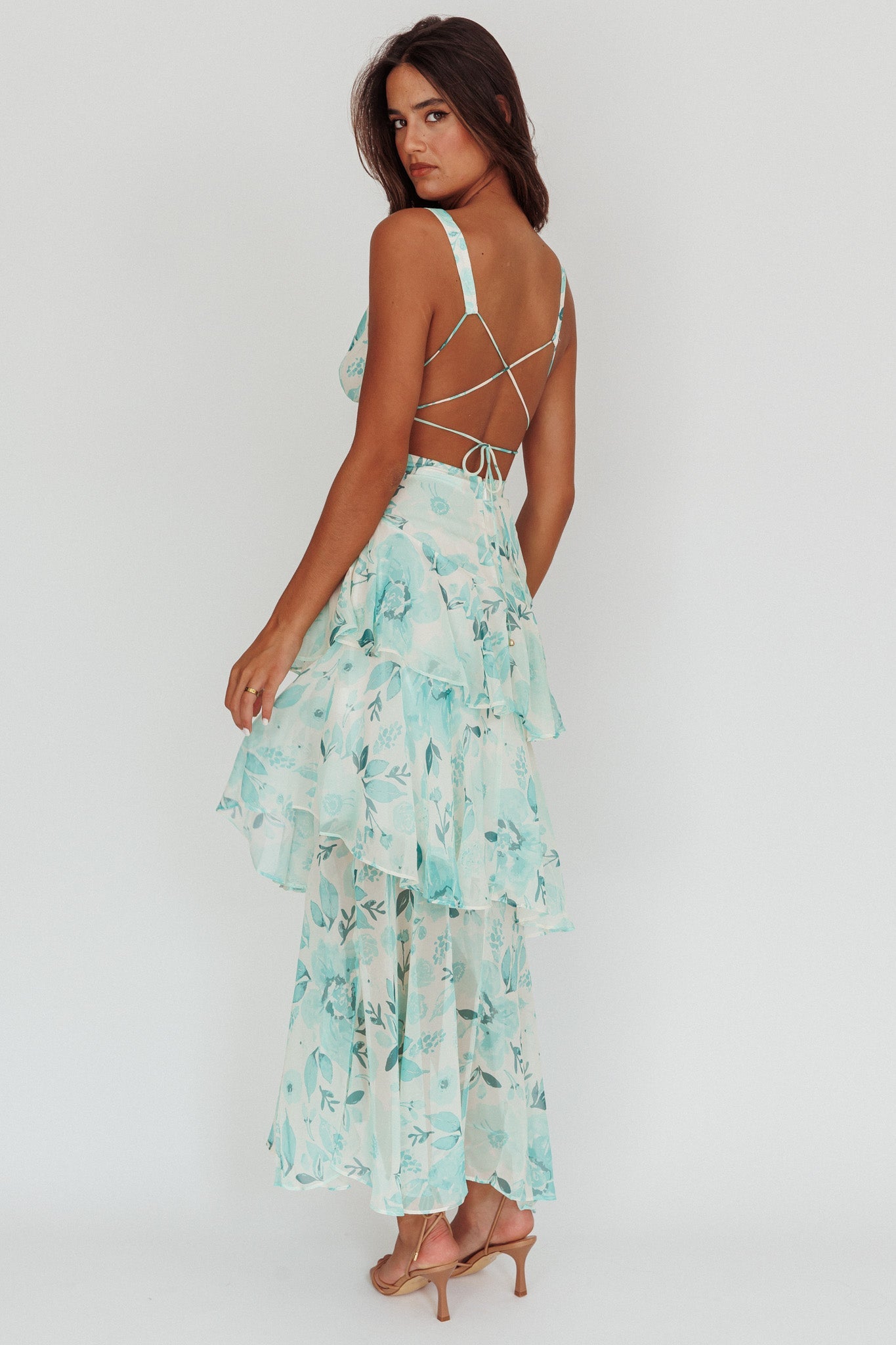 Veda Strappy Back Ruffle Maxi Dress Floral Green
