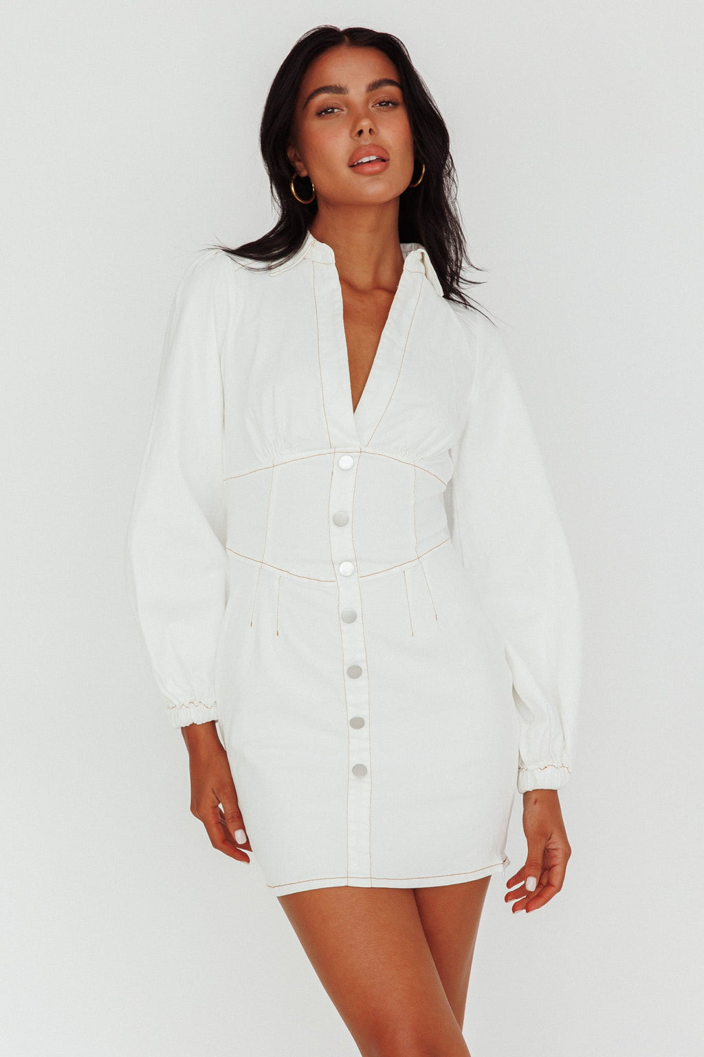 South Beach Long Sleeve Collared Mini Dress White
