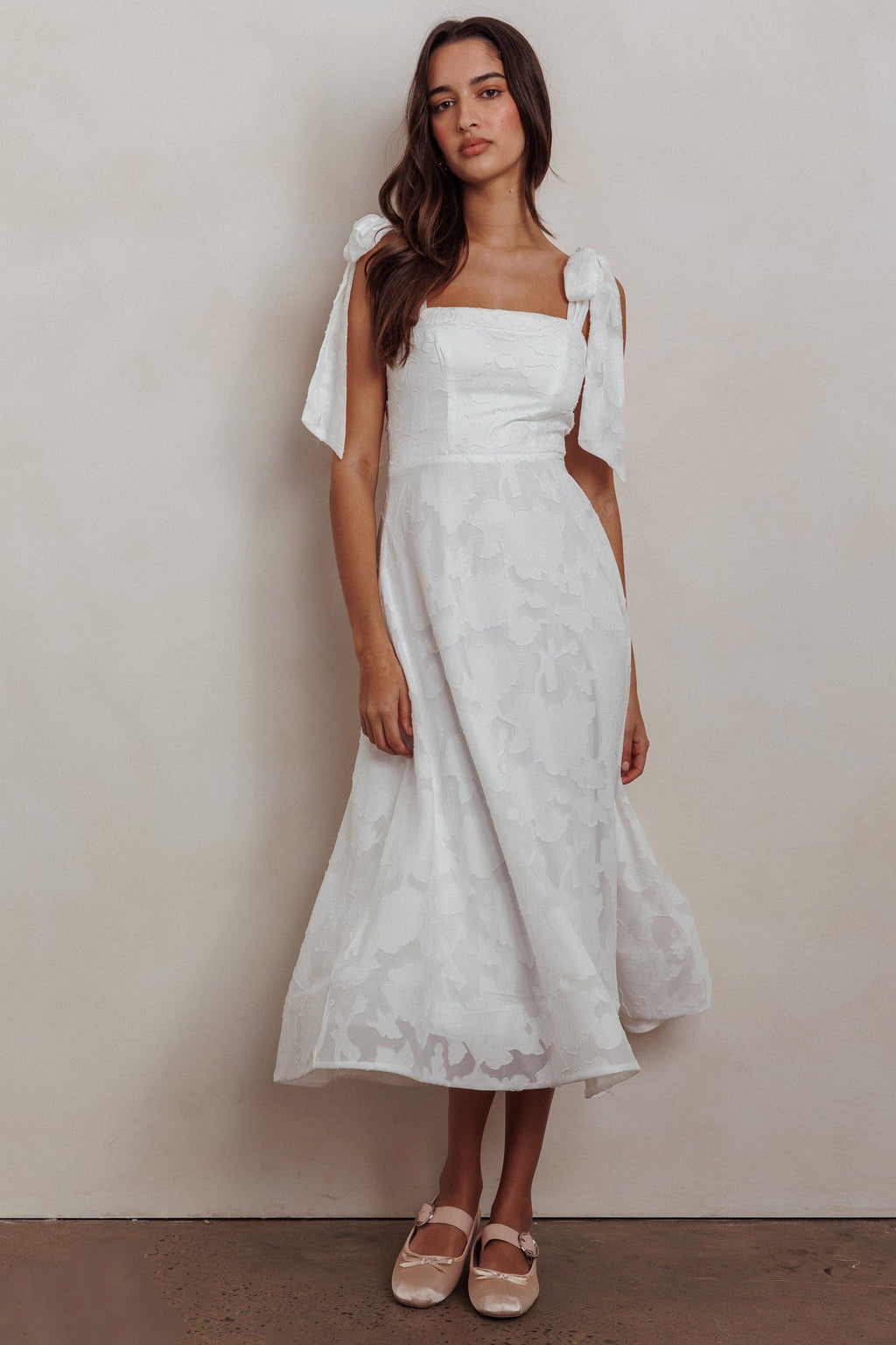 Jeanie Bow Shoulder Midi Dress Embossed White