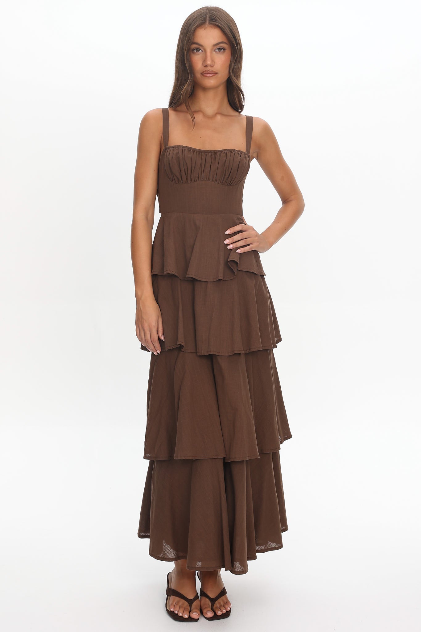 Provence Bloom Tiered Maxi Dress Chocolate