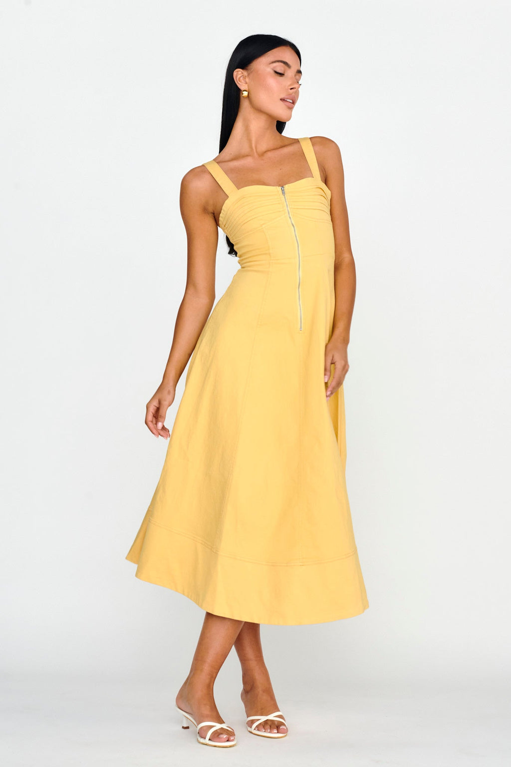 Emilio Pleated Bust A-Line Midi Dress Yellow