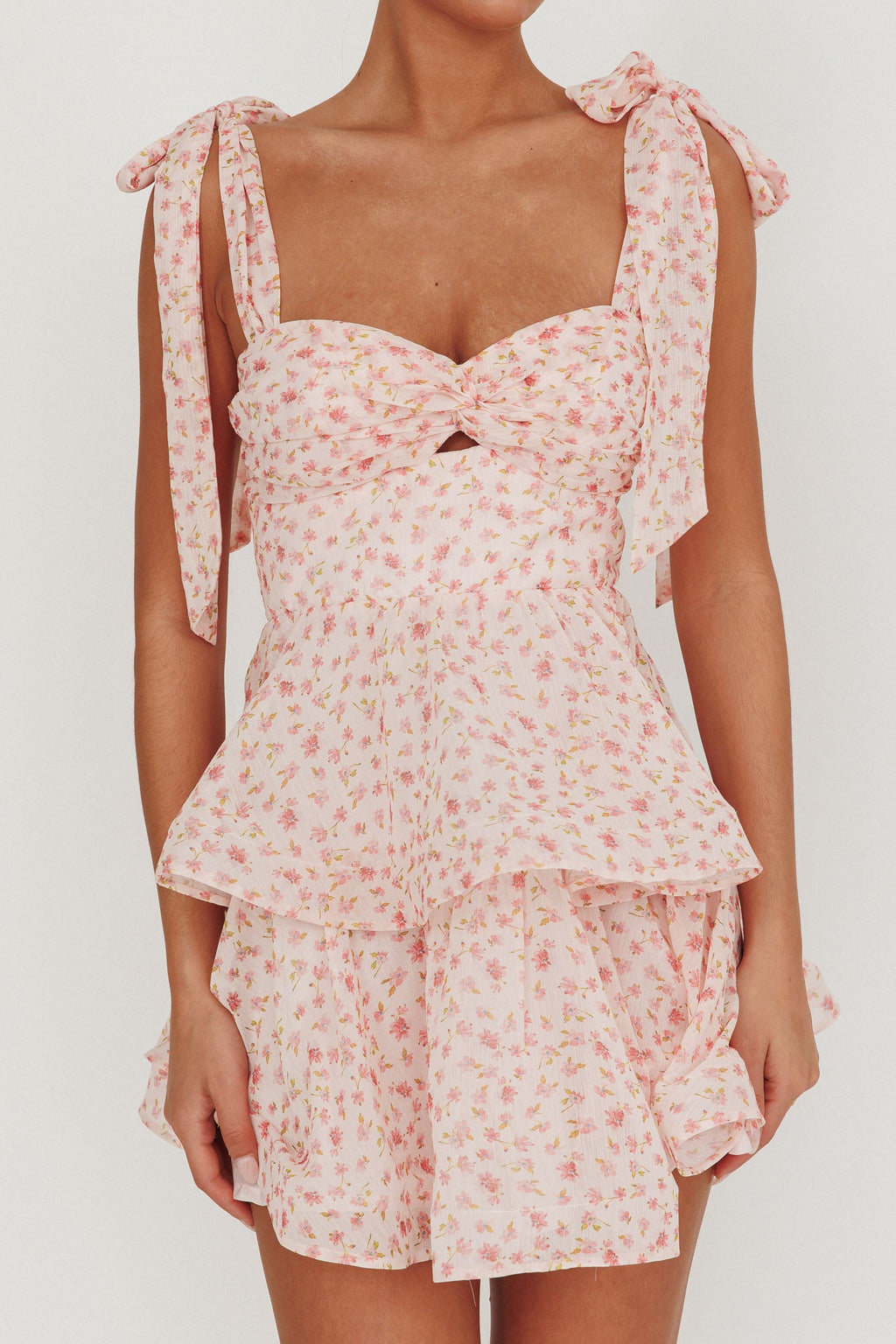 Oliana Tied Shoulder Tiered Mini Dress Peach