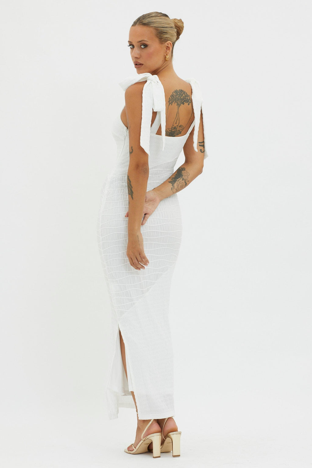 Bindi Puckered Tied Strap Dress White