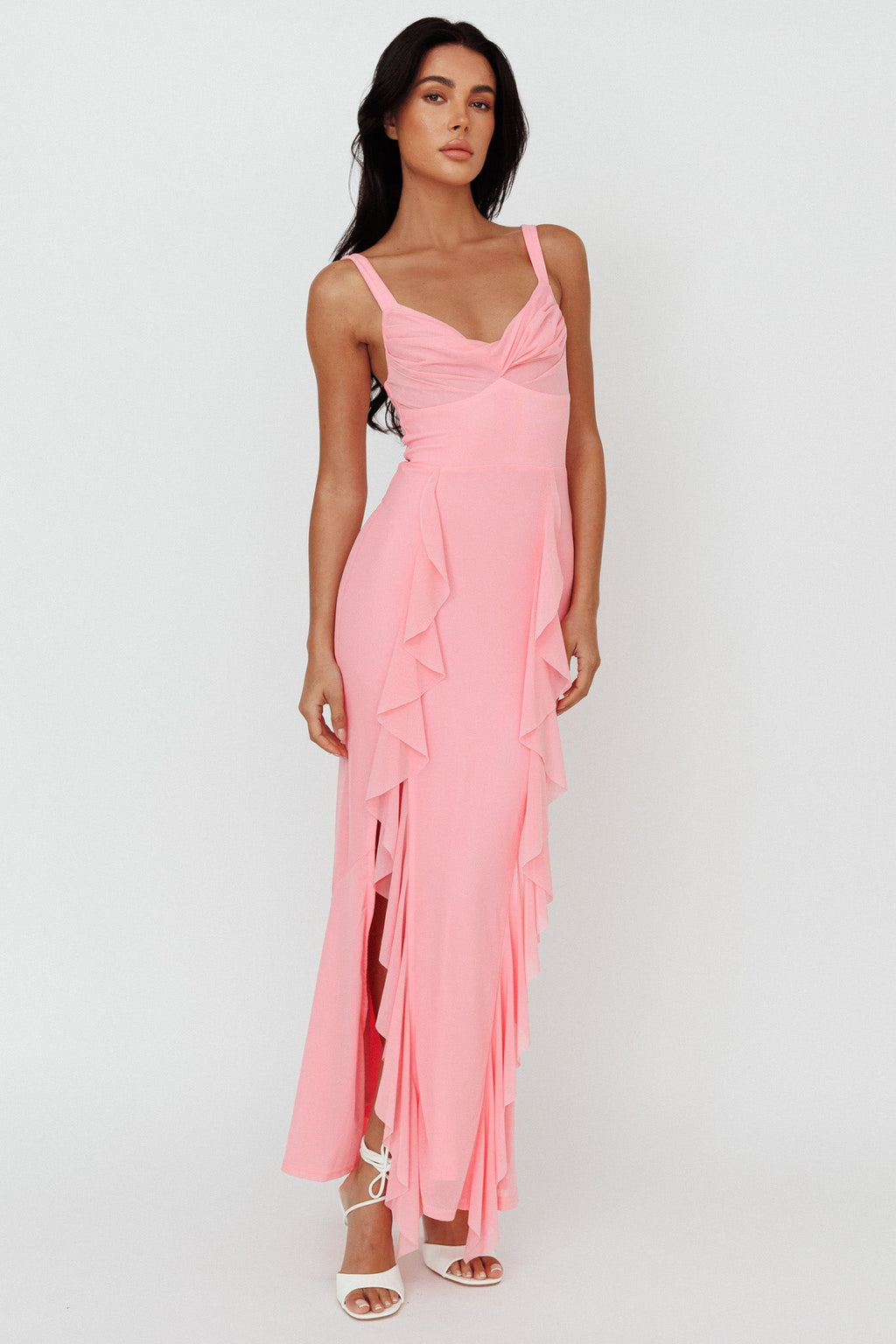 Hollianna Ruffle Trim Split Maxi Dress Blush