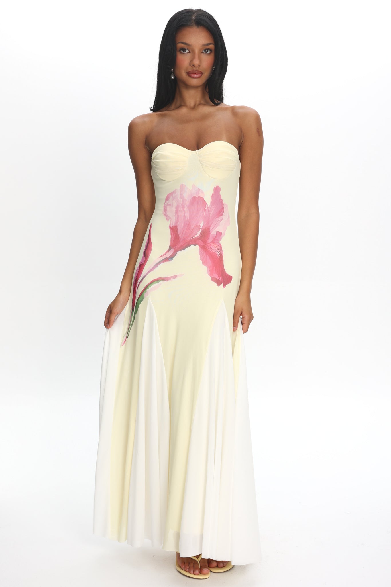 All Mine Godet Hem Maxi Dress Flower Lemon