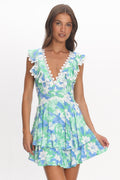 Charade Ruffle Shoulder Corset Back Dress Floral Green