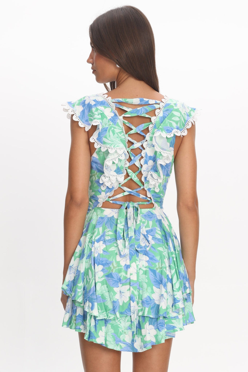 Charade Ruffle Shoulder Corset Back Dress Floral Green