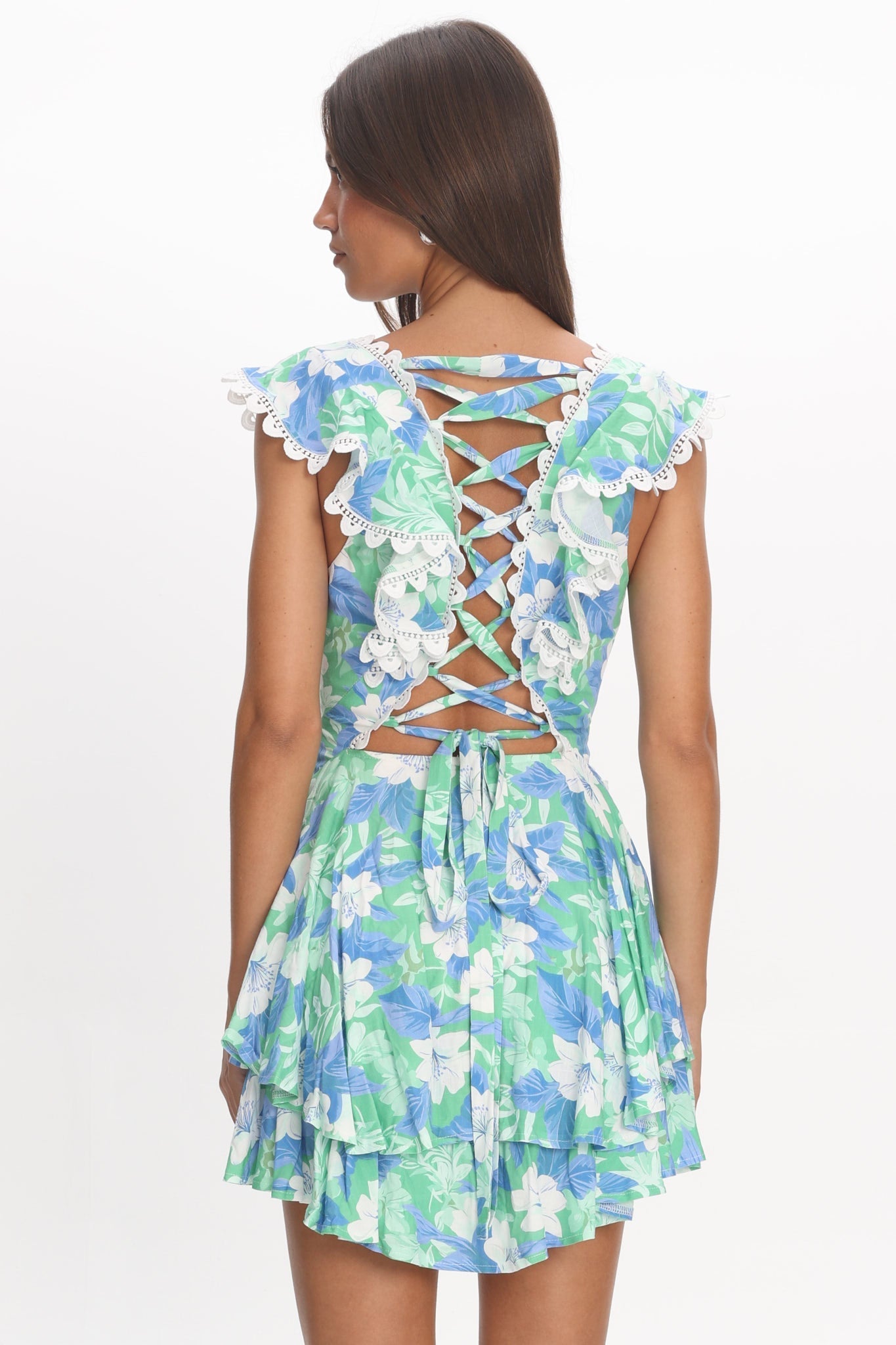 Charade Ruffle Shoulder Corset Back Dress Floral Green