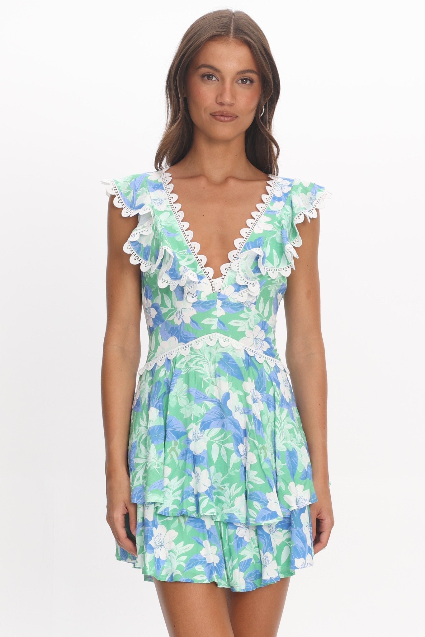 Charade Ruffle Shoulder Corset Back Dress Floral Green