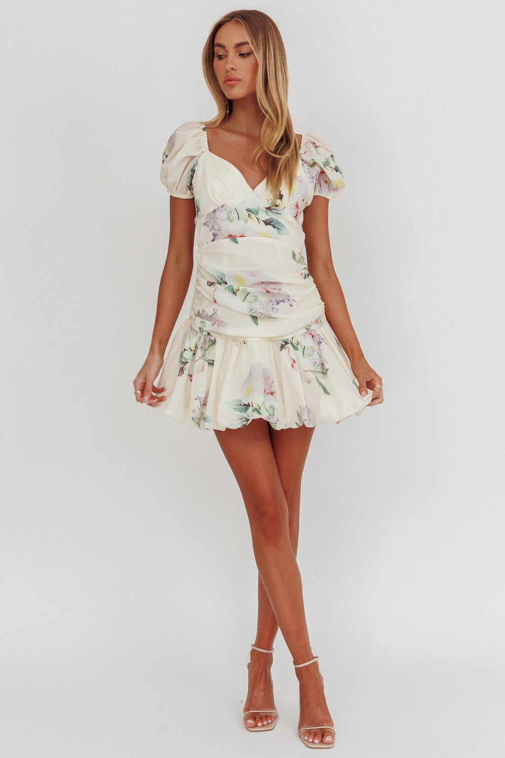Annabella Puff Sleeve Tied Back Mini Dress Floral Butter