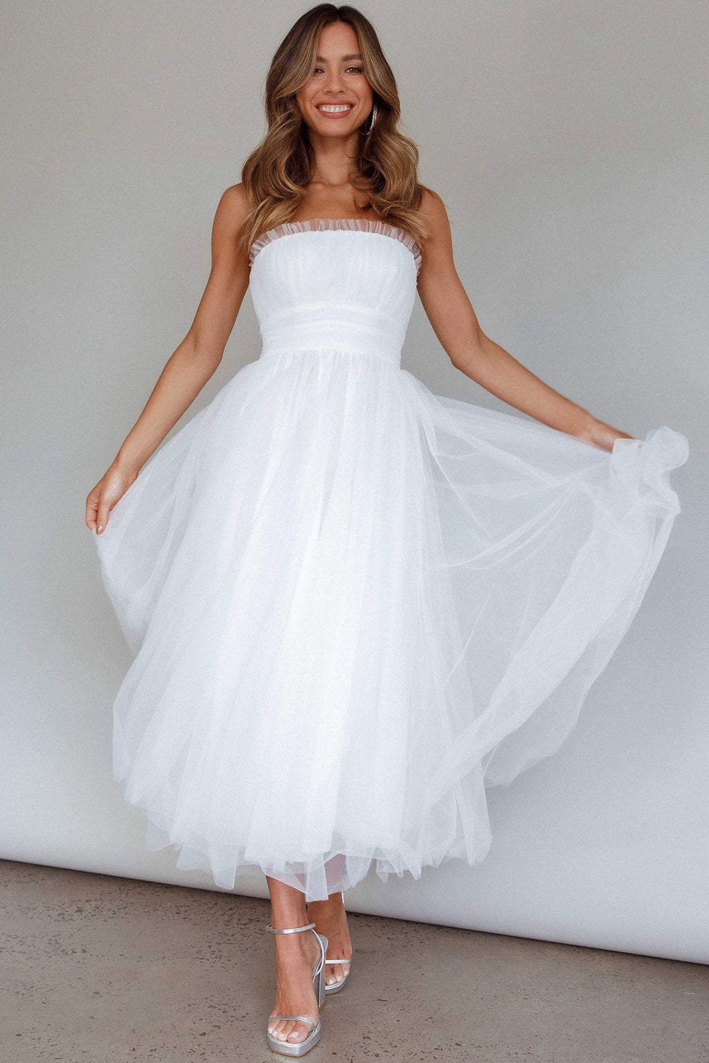 Fayette Strapless Mesh Midi Dress White
