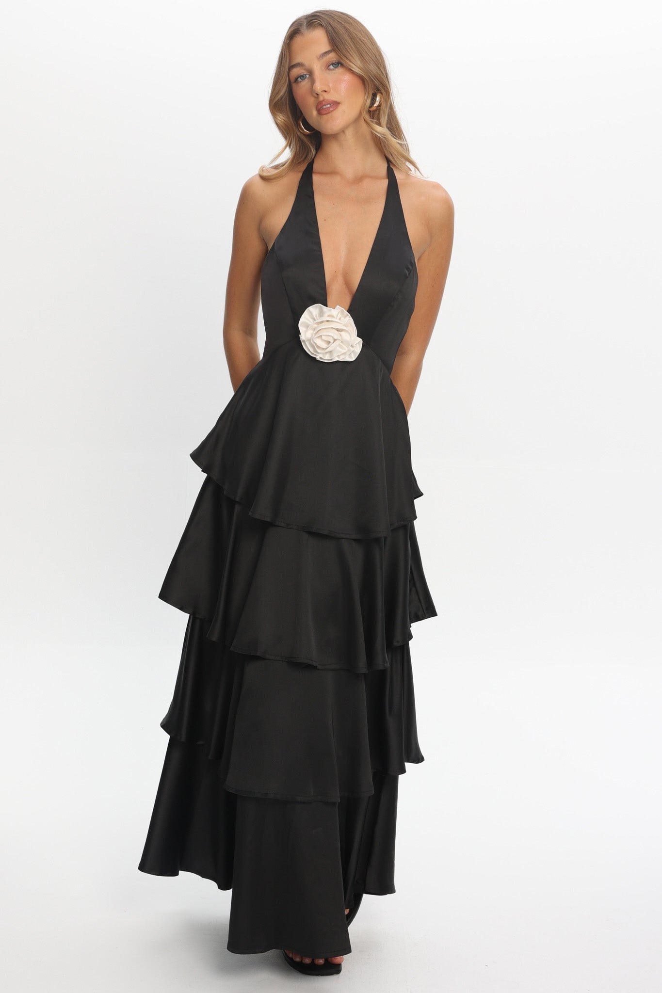 Catalina Tiered Ruffle Rosette Maxi Dress Black