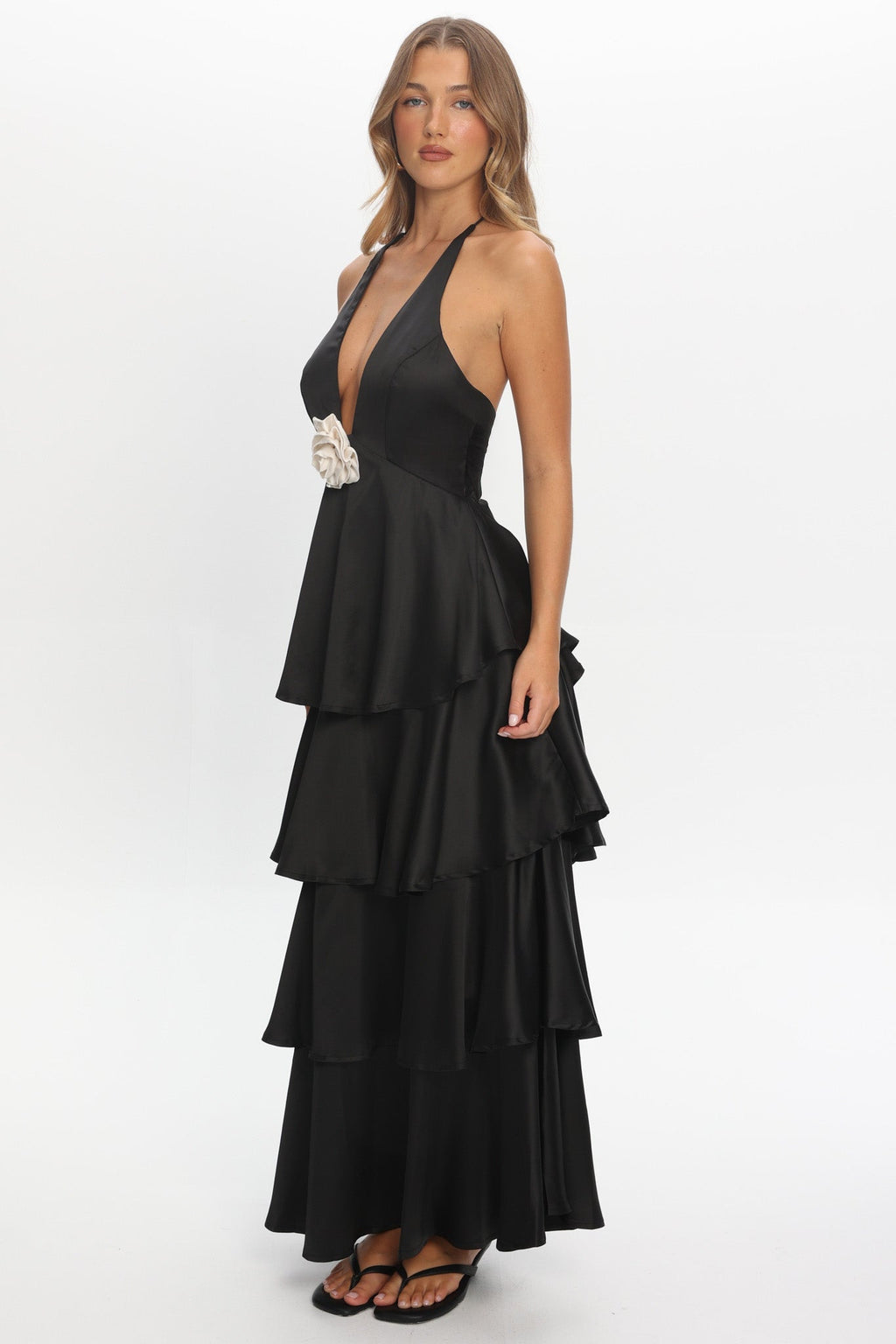 Catalina Tiered Ruffle Rosette Maxi Dress Black