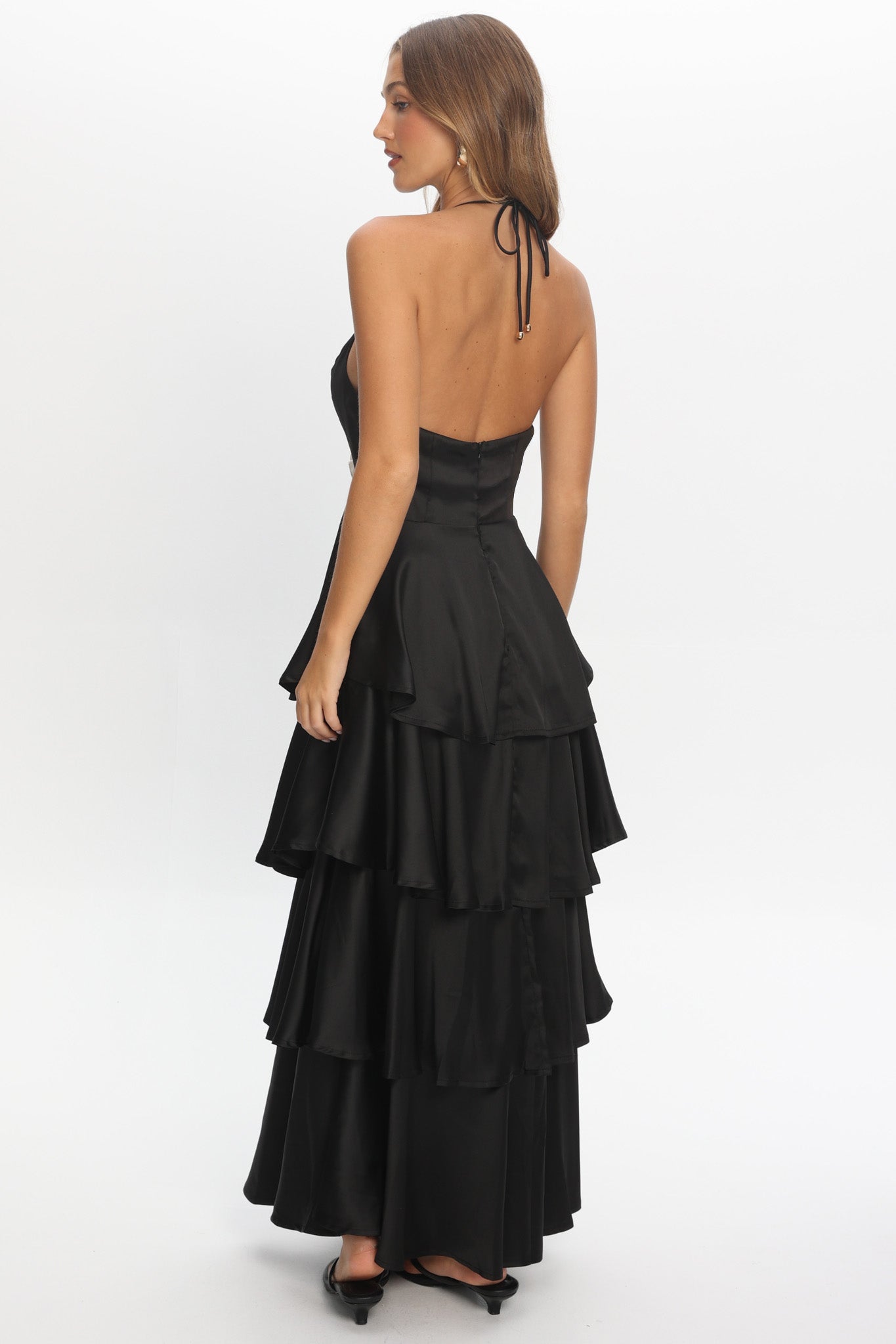 Catalina Tiered Ruffle Rosette Maxi Dress Black