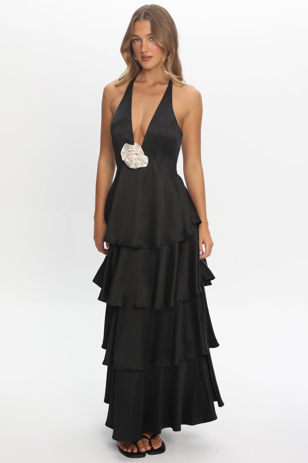 Catalina Tiered Ruffle Rosette Maxi Dress Black