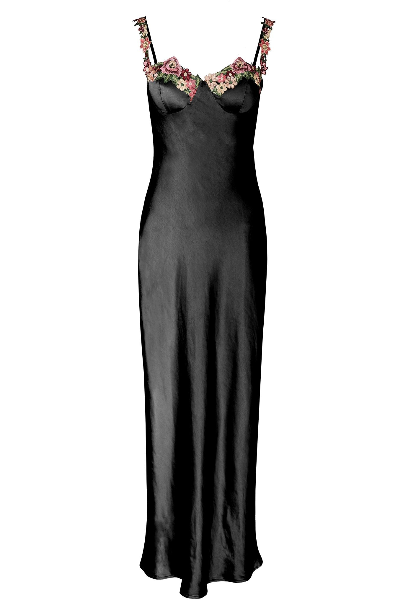 Rose Garden Floral Applique Midi Dress Black
