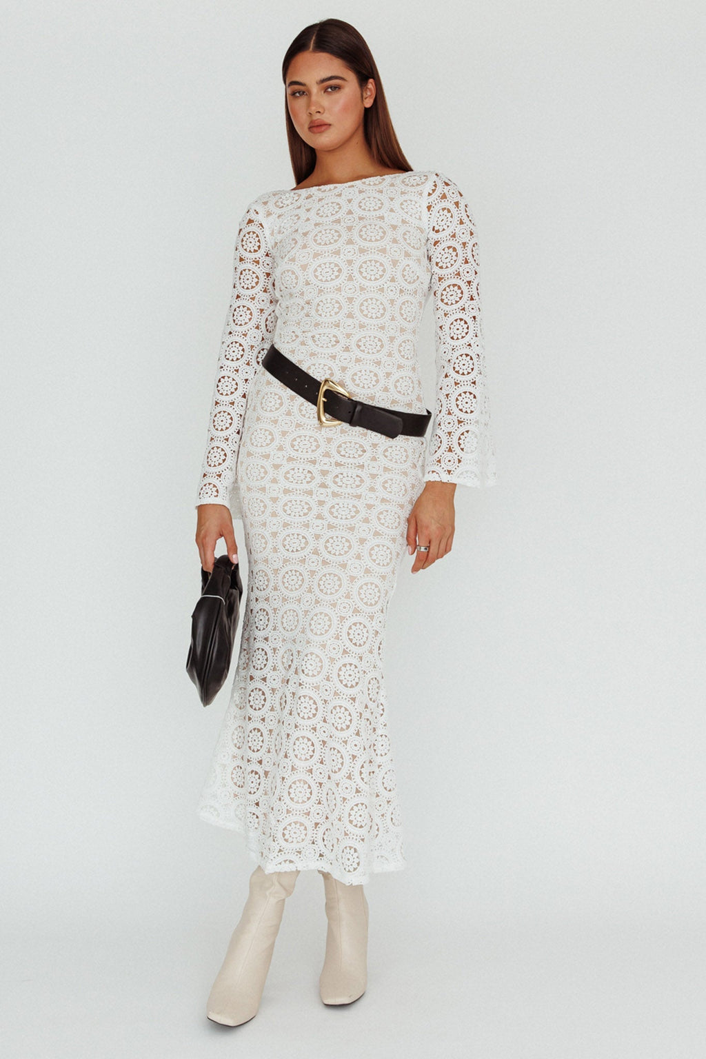 Kasia Long Sleeve Crochet Maxi Dress White