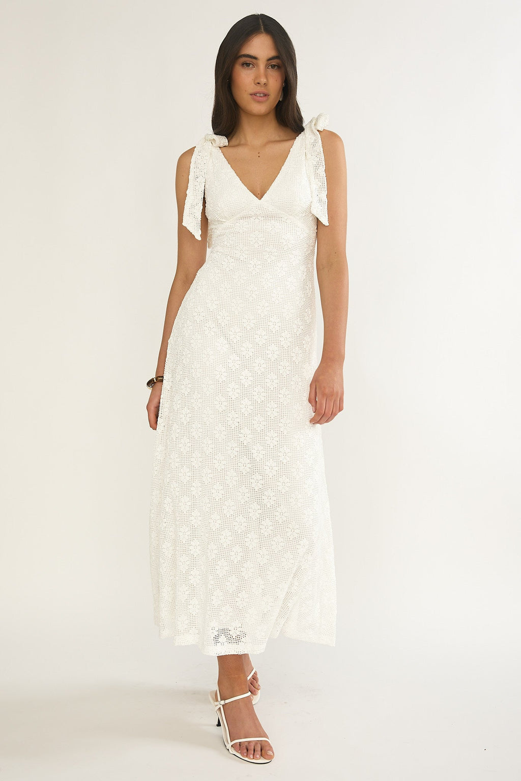 Mykonos Morning Tied Shoulder Maxi Dress Crochet White