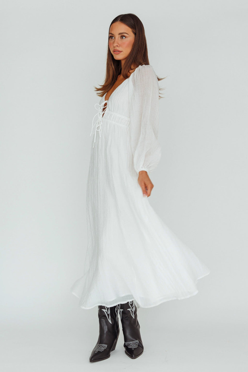 Kylin Balloon Sleeve Tied Bust Maxi Dress White