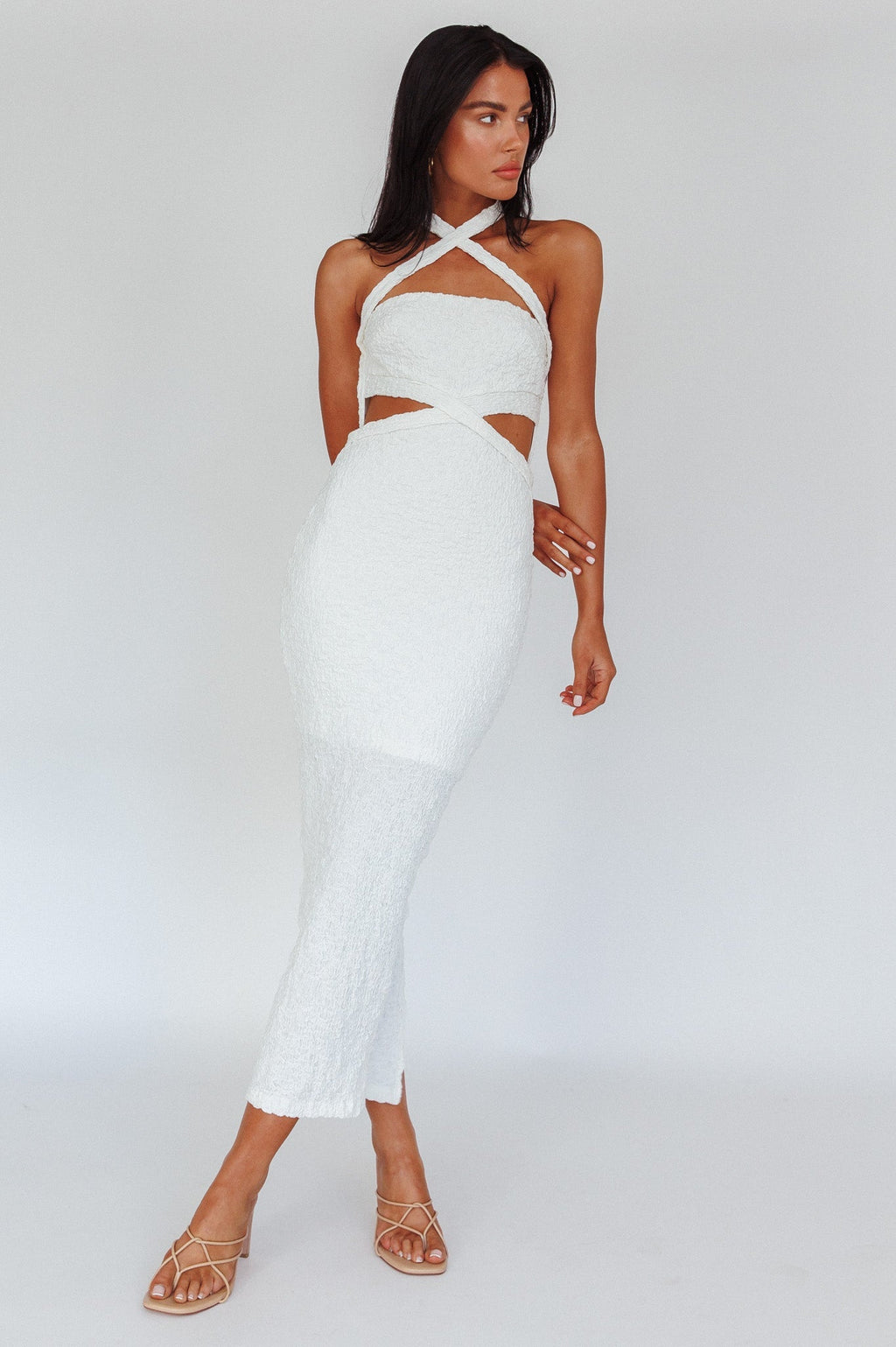 Zadriana Halterneck Textured Midi Dress White