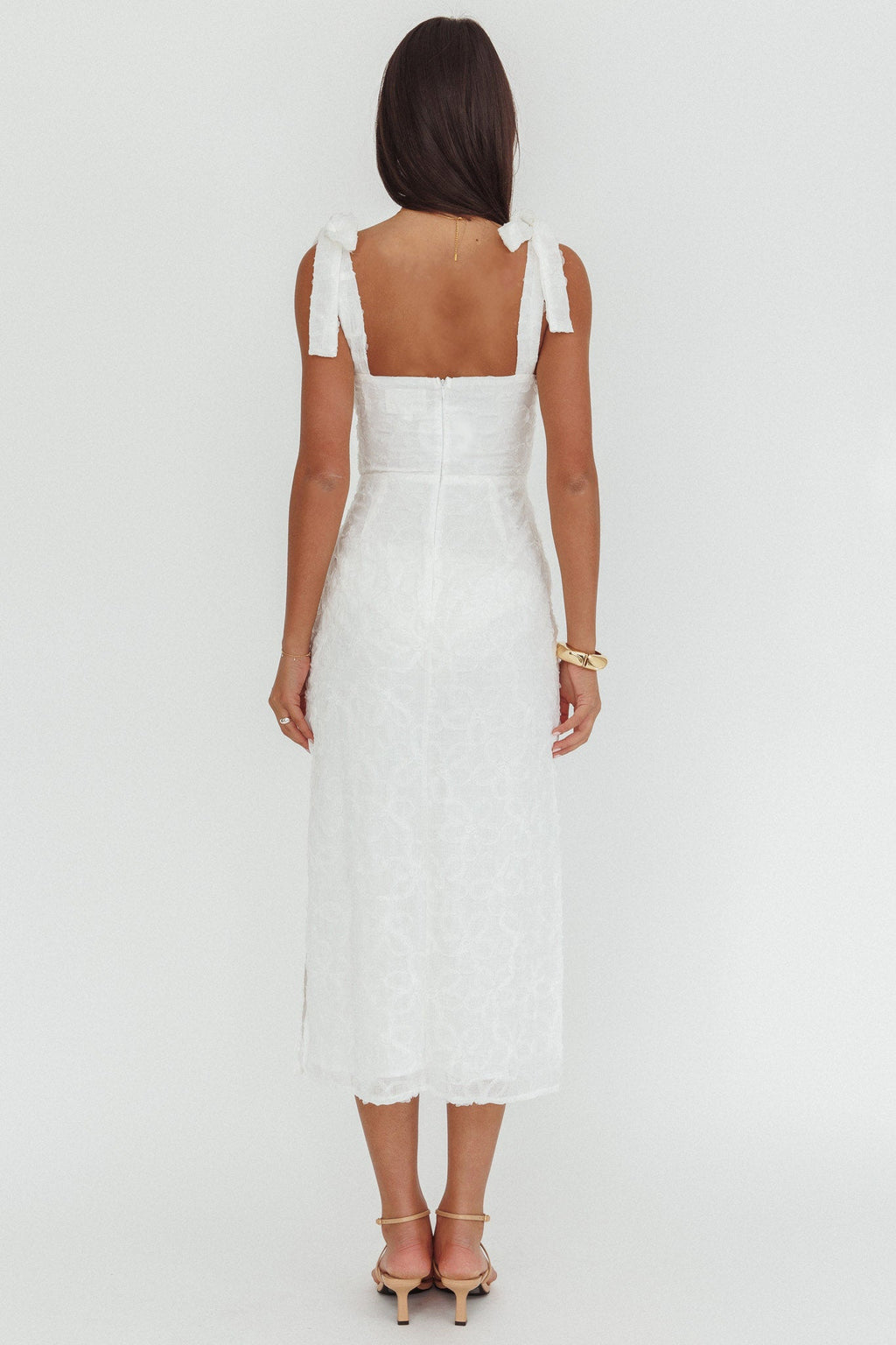 Cupid Tied Shoulder Embellished Midi Dress White