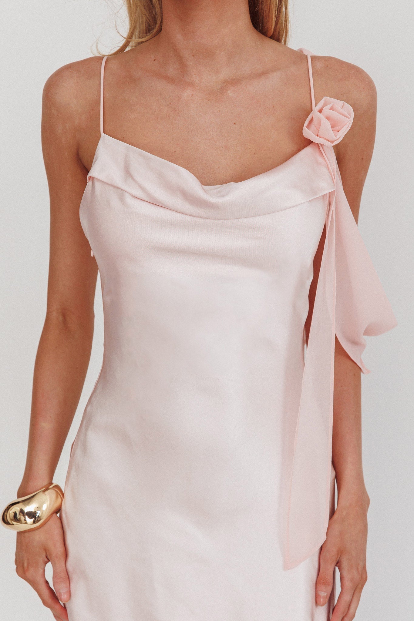Gilded Dream Shoulder Detail Chiffon Hem Maxi Dress Blush