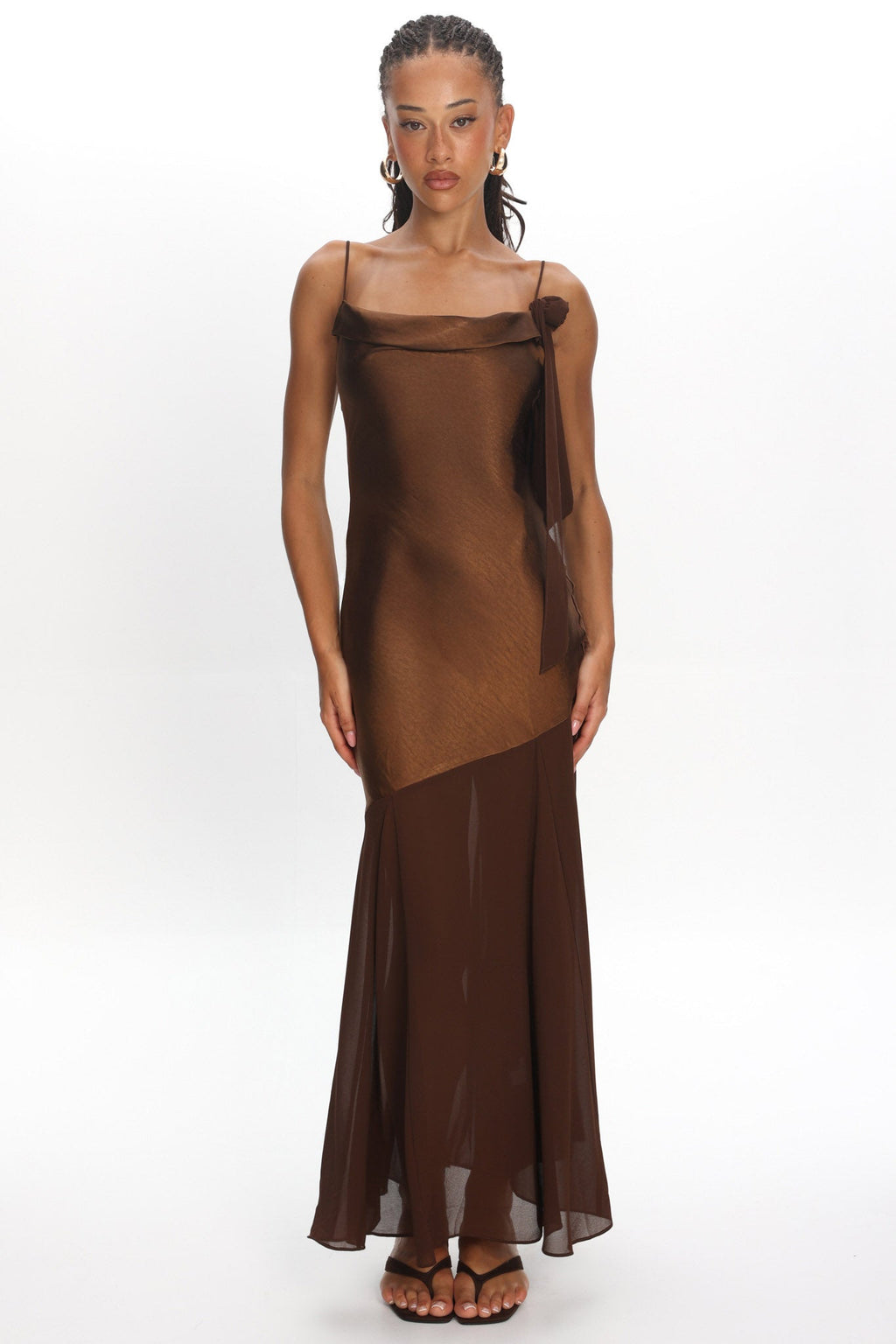 Gilded Dream Shoulder Detail Chiffon Hem Maxi Dress Chocolate