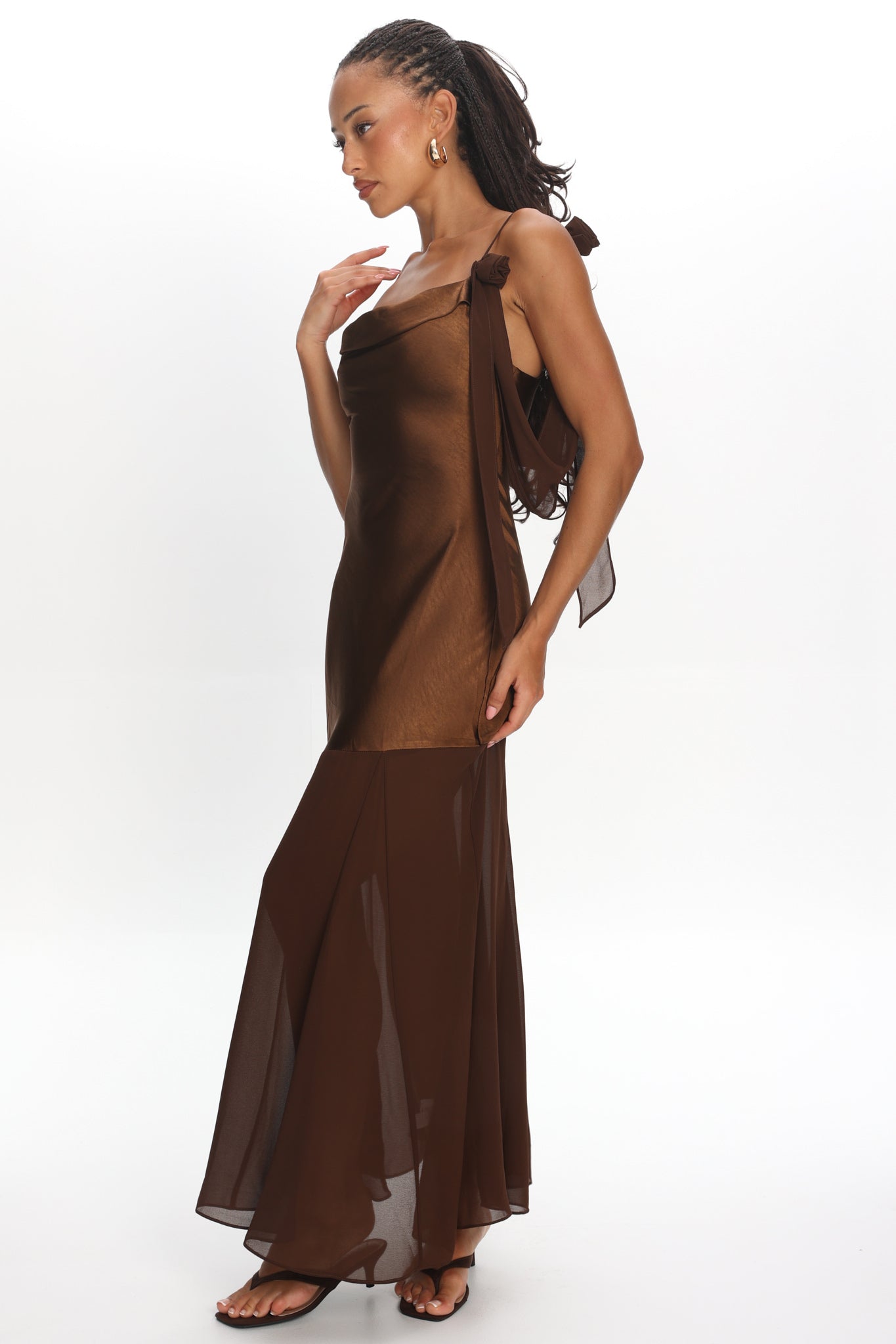 Gilded Dream Shoulder Detail Chiffon Hem Maxi Dress Chocolate