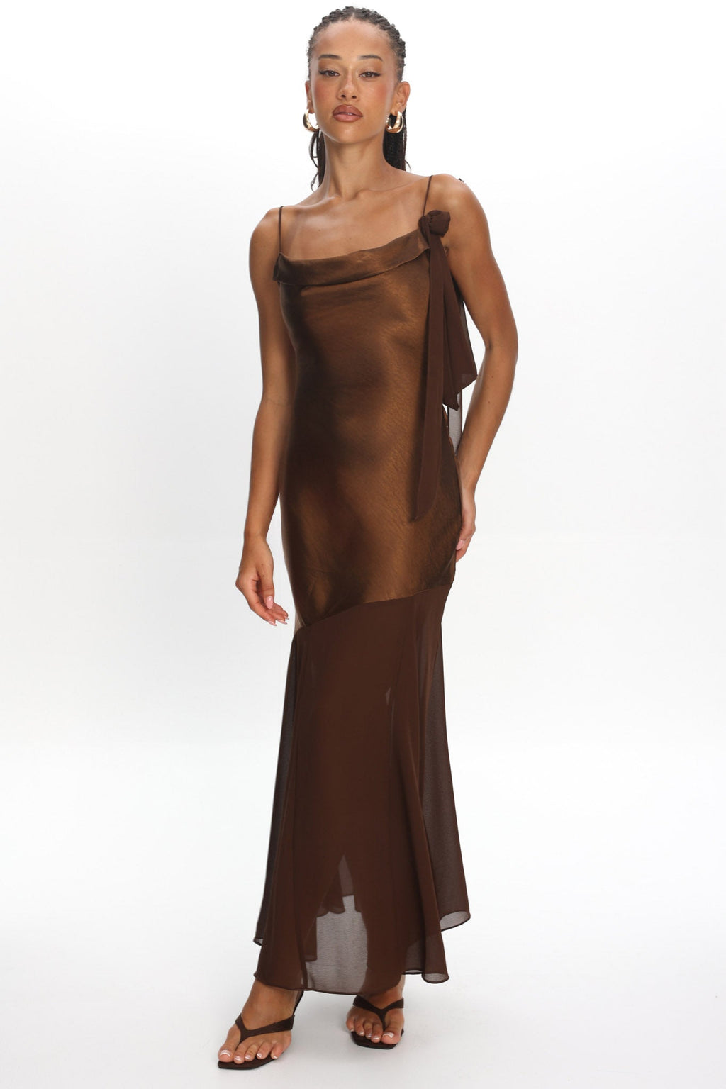 Gilded Dream Shoulder Detail Chiffon Hem Maxi Dress Chocolate