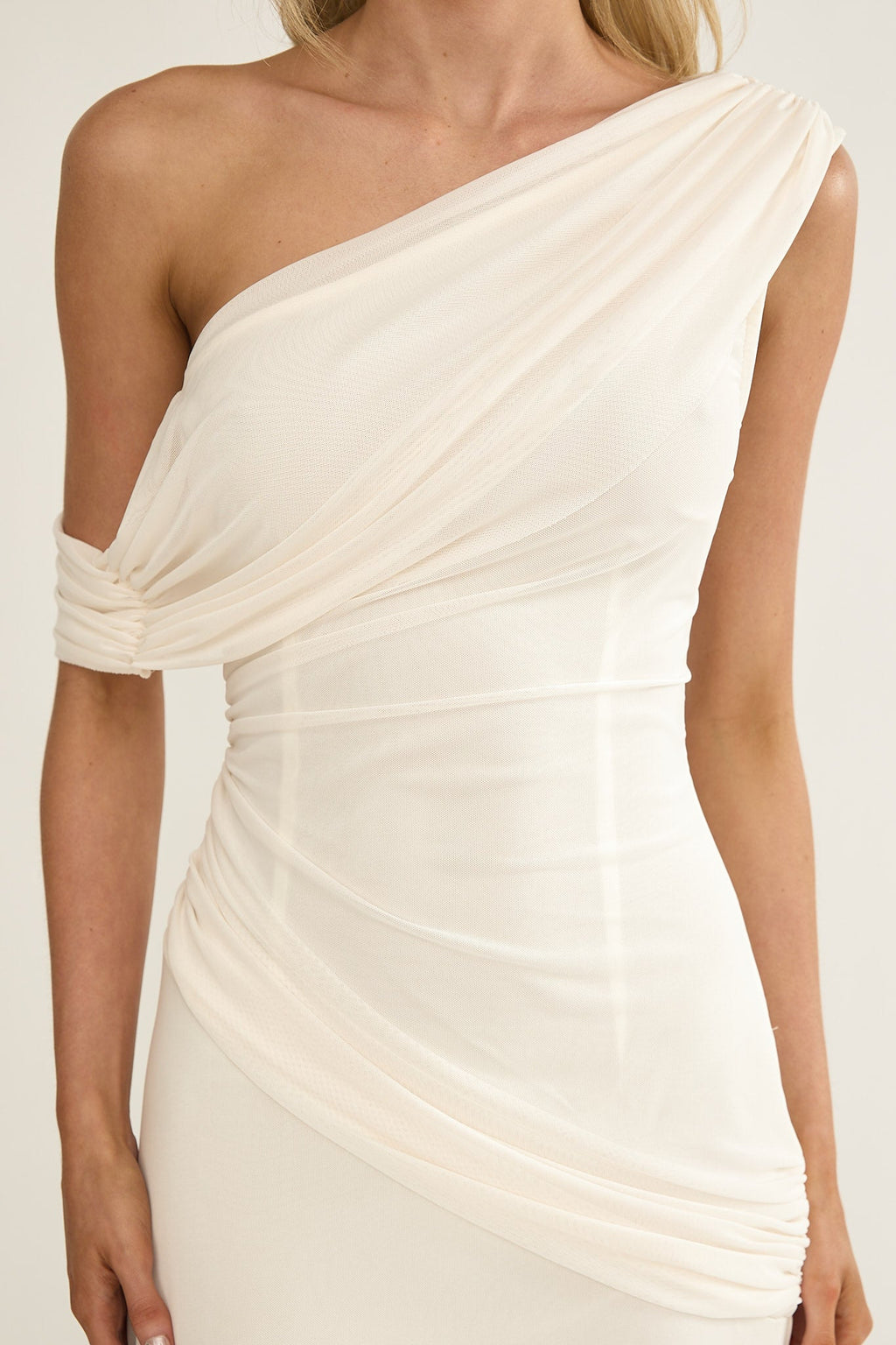 Anaisa Asymmetric Neckline Draped Maxi Dress Oyster