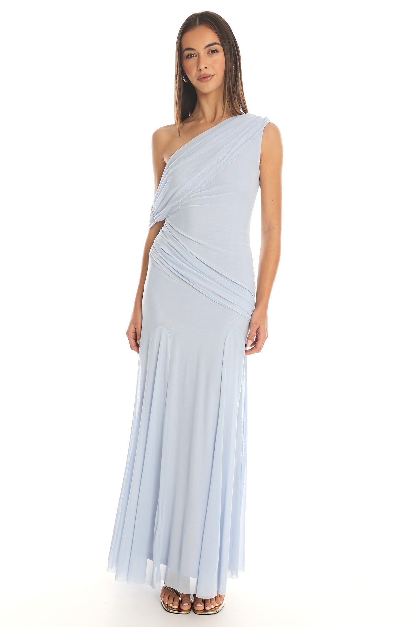 Anaisa Asymmetric Neckline Draped Maxi Dress Baby Blue